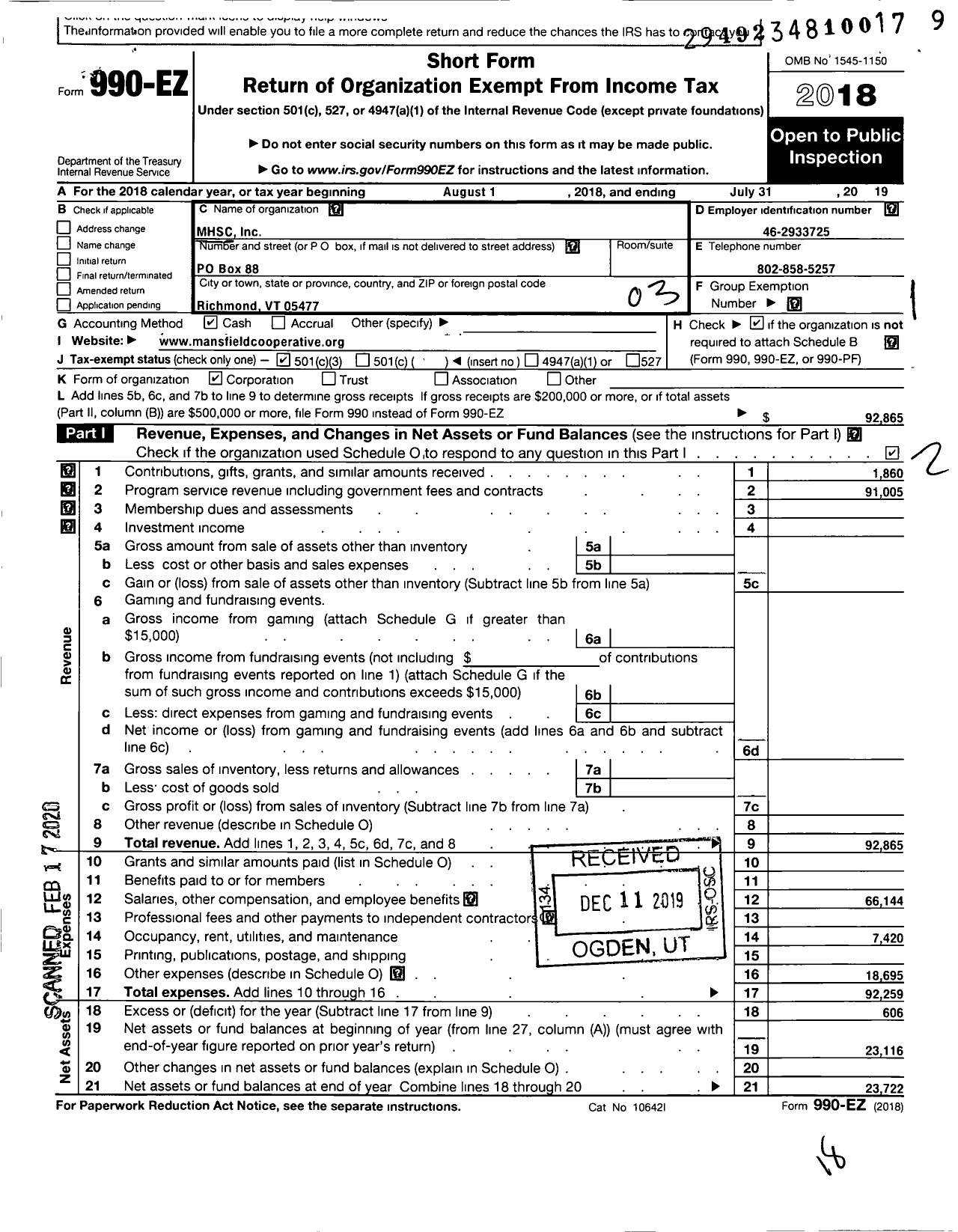 Image of first page of 2018 Form 990EZ for Mhsc