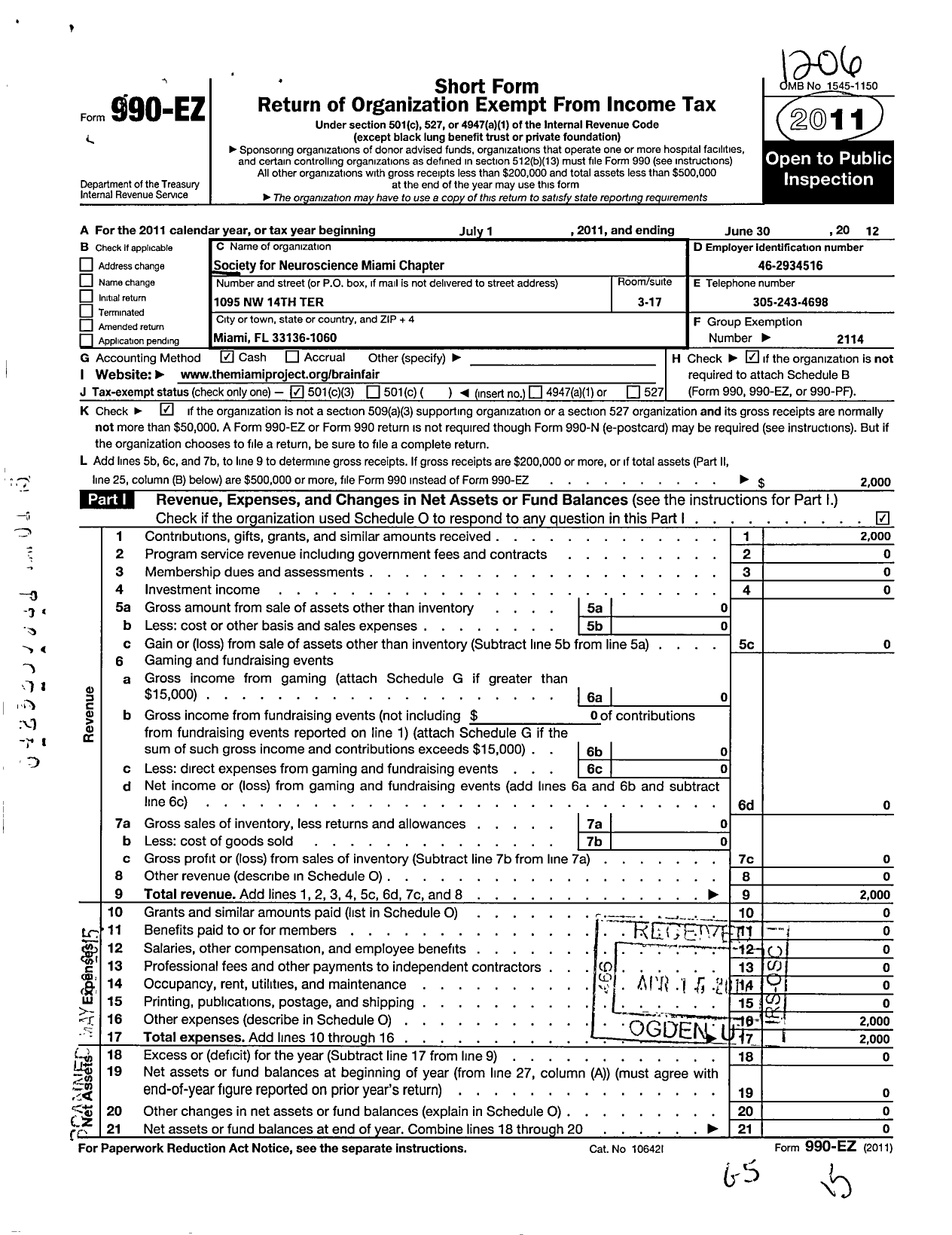 Image of first page of 2011 Form 990EZ for Society for Neuroscience / Miami Chapter