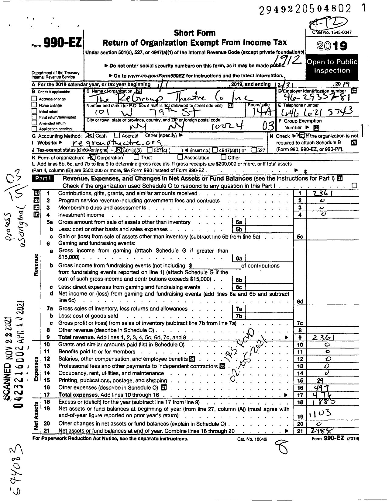 Image of first page of 2019 Form 990EZ for Regroup Theatre Company