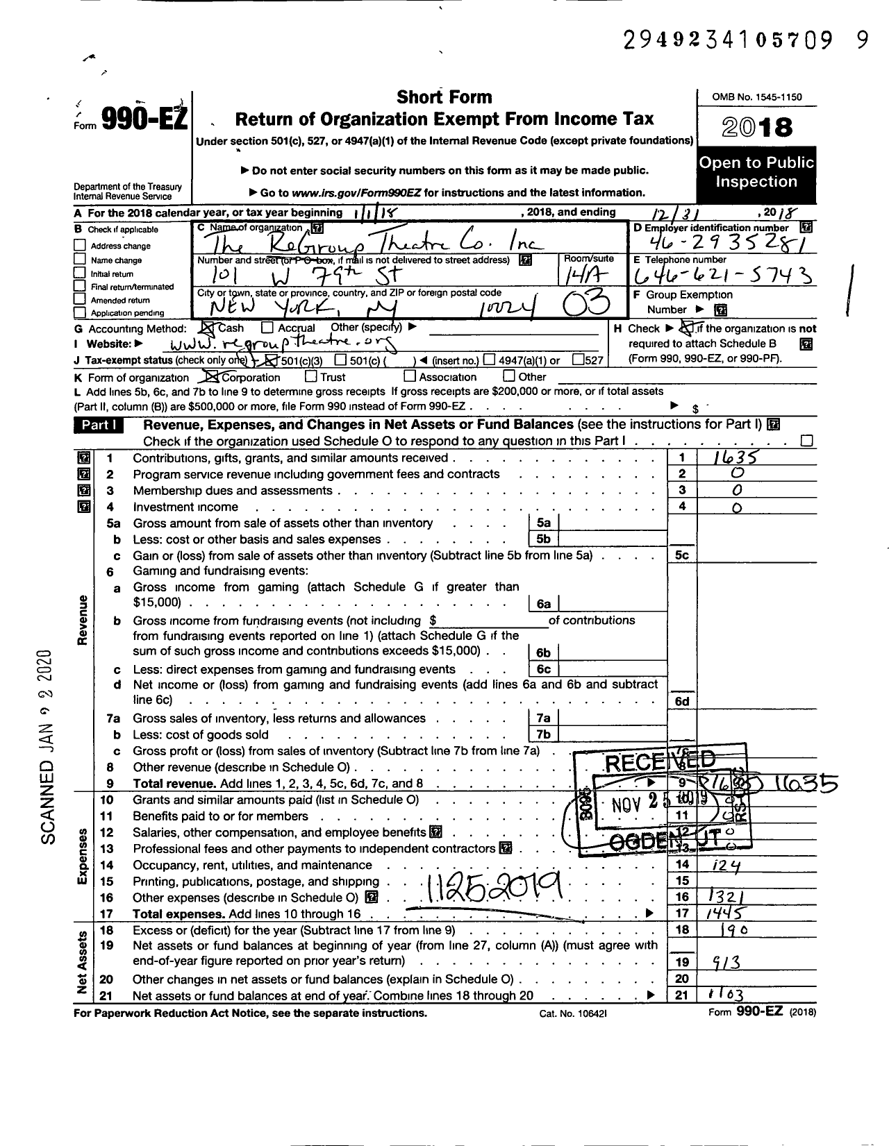 Image of first page of 2018 Form 990EZ for Regroup Theatre Company