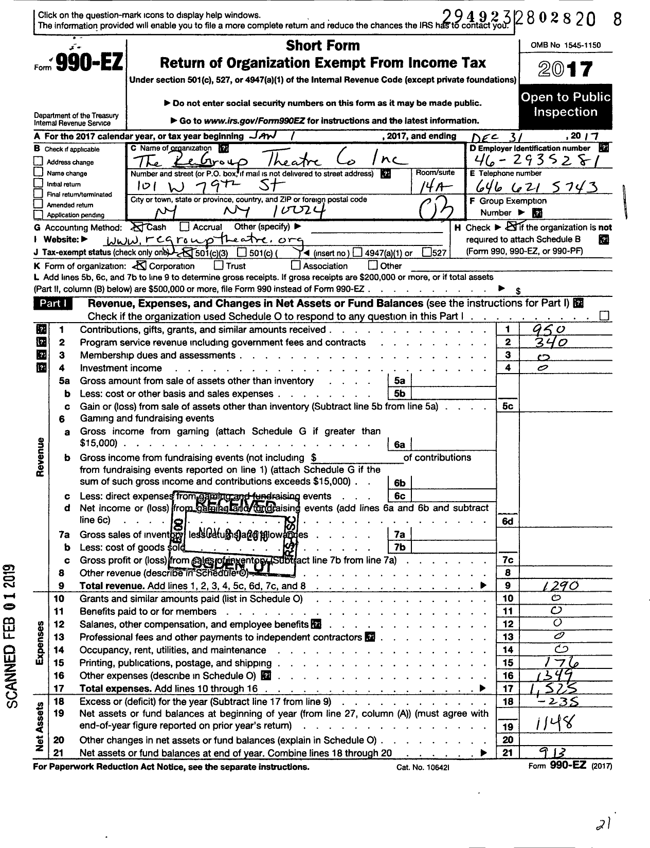 Image of first page of 2017 Form 990EZ for Regroup Theatre Company