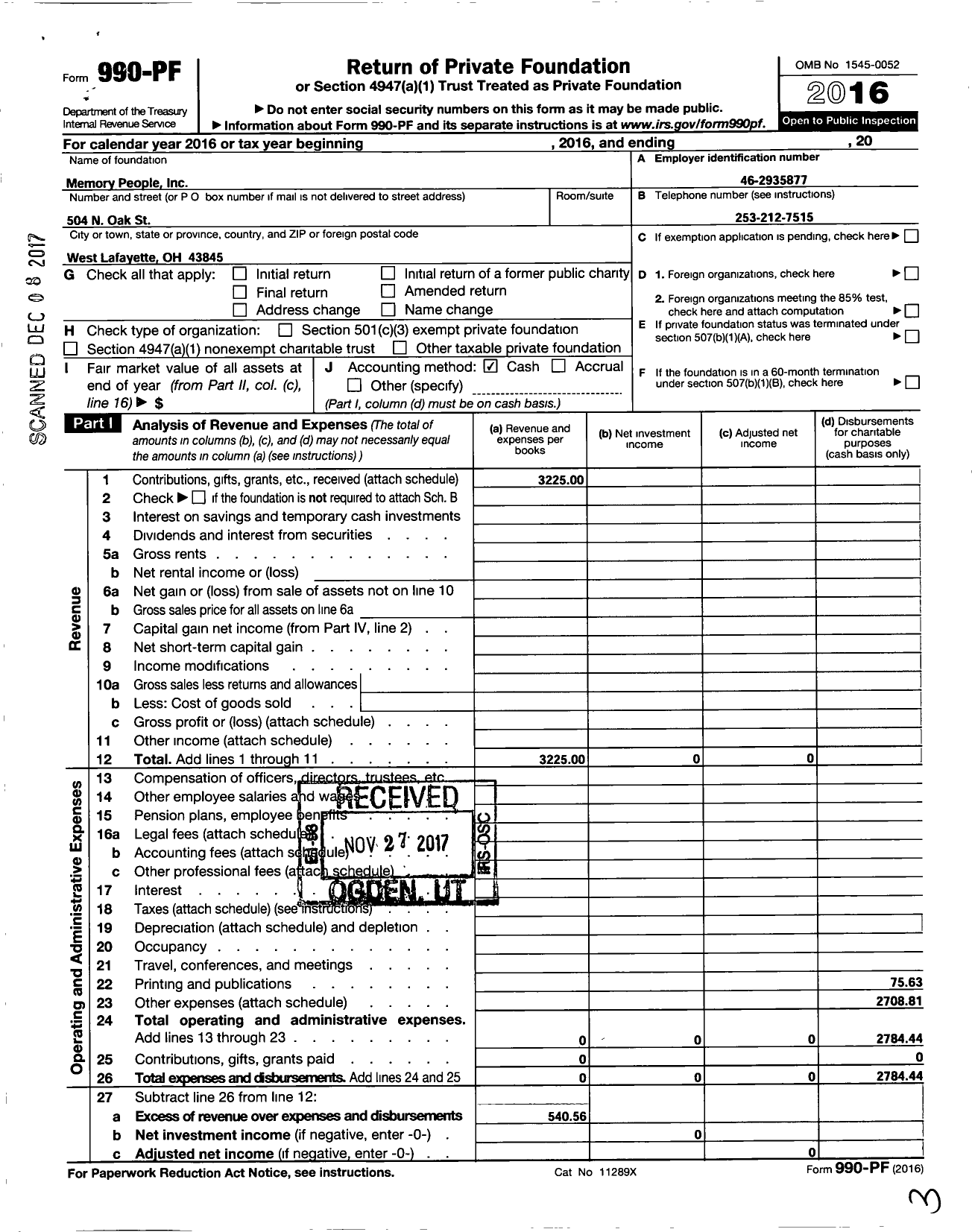 Image of first page of 2016 Form 990PF for Memory People