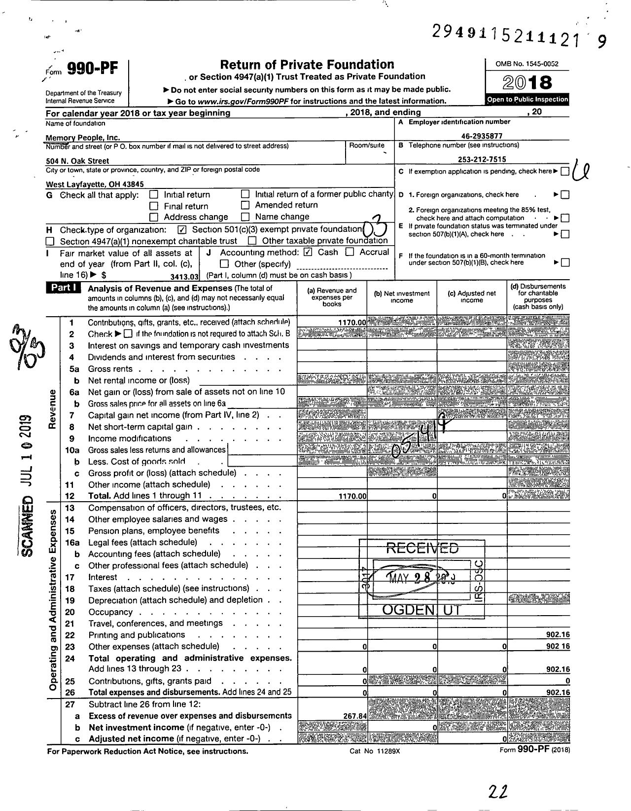 Image of first page of 2018 Form 990PF for Memory People