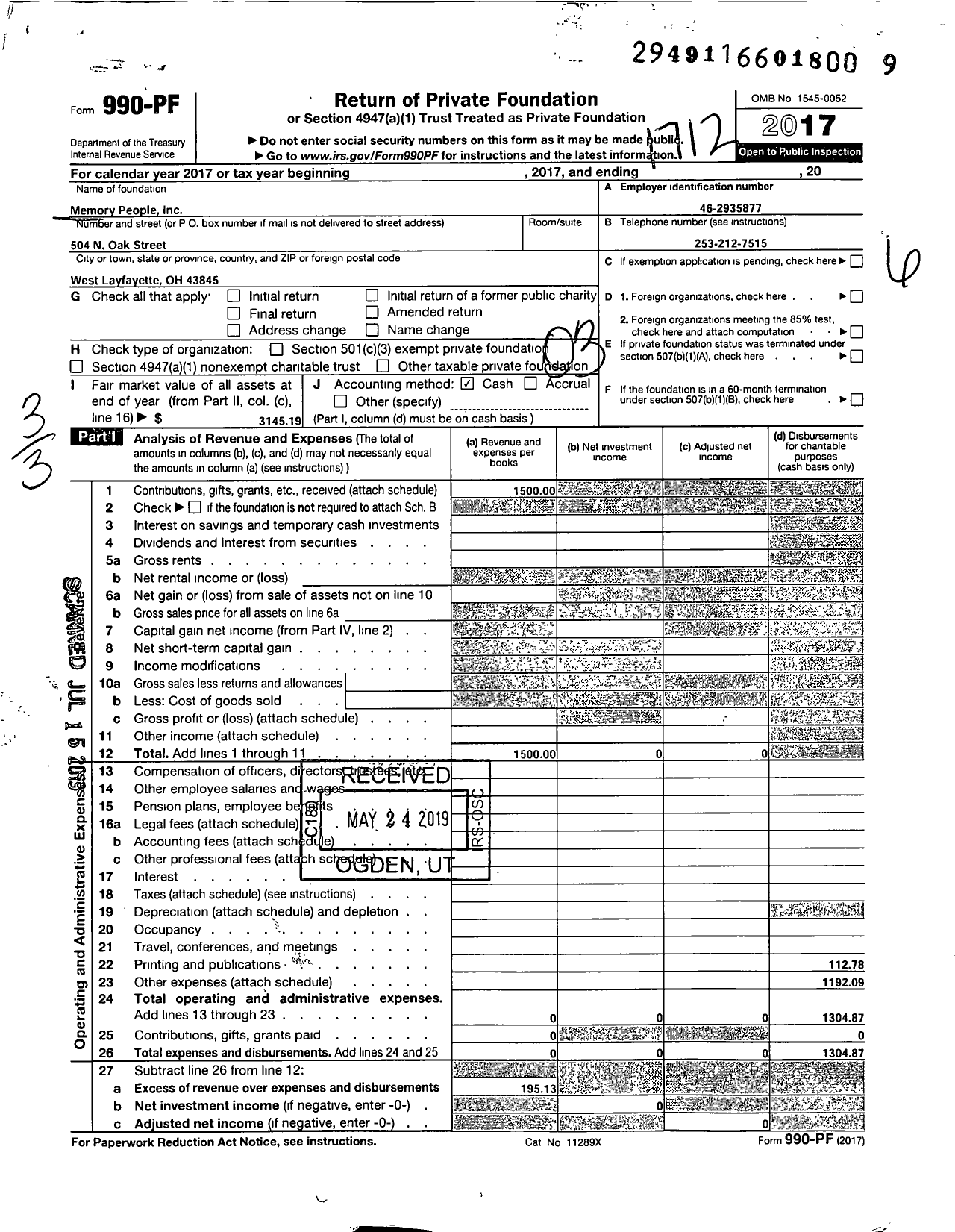 Image of first page of 2017 Form 990PF for Memory People