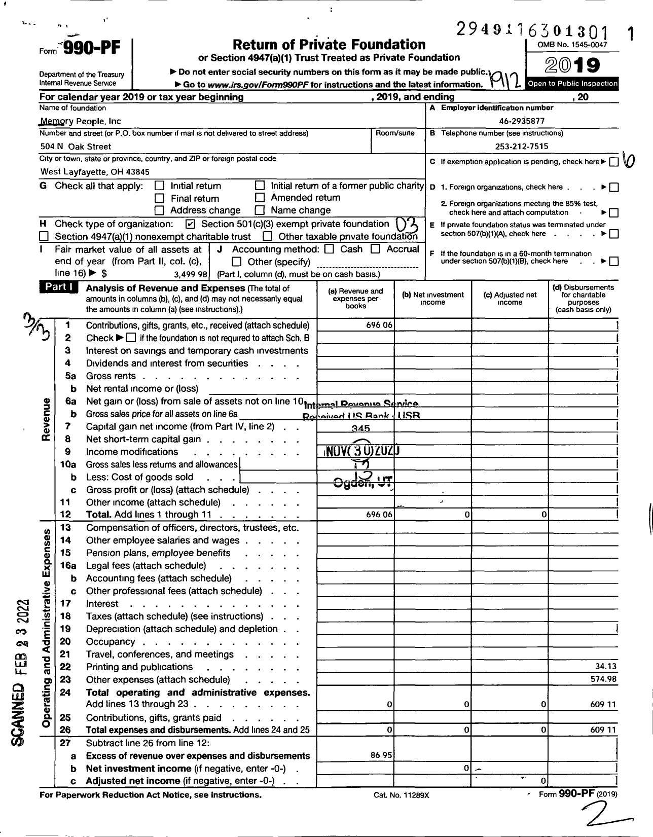 Image of first page of 2019 Form 990PF for Memory People