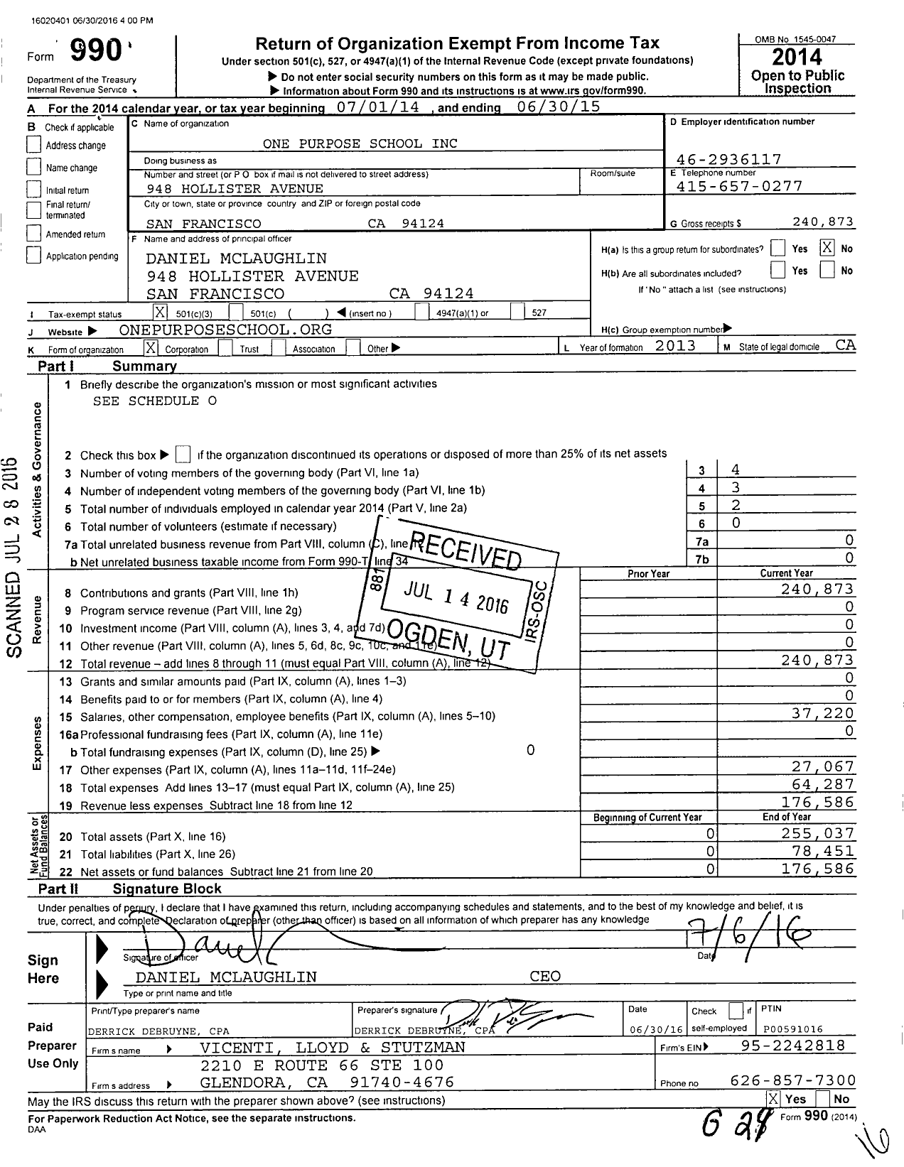 Image of first page of 2014 Form 990 for One Purpose School