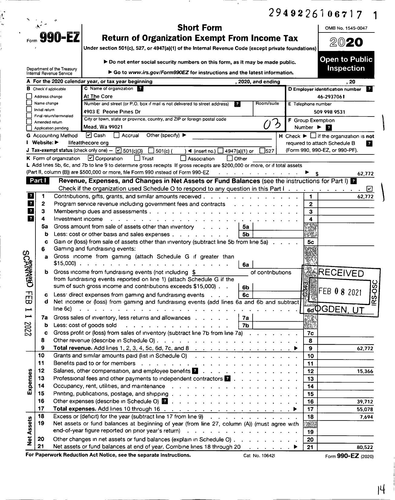 Image of first page of 2020 Form 990EZ for At the Core