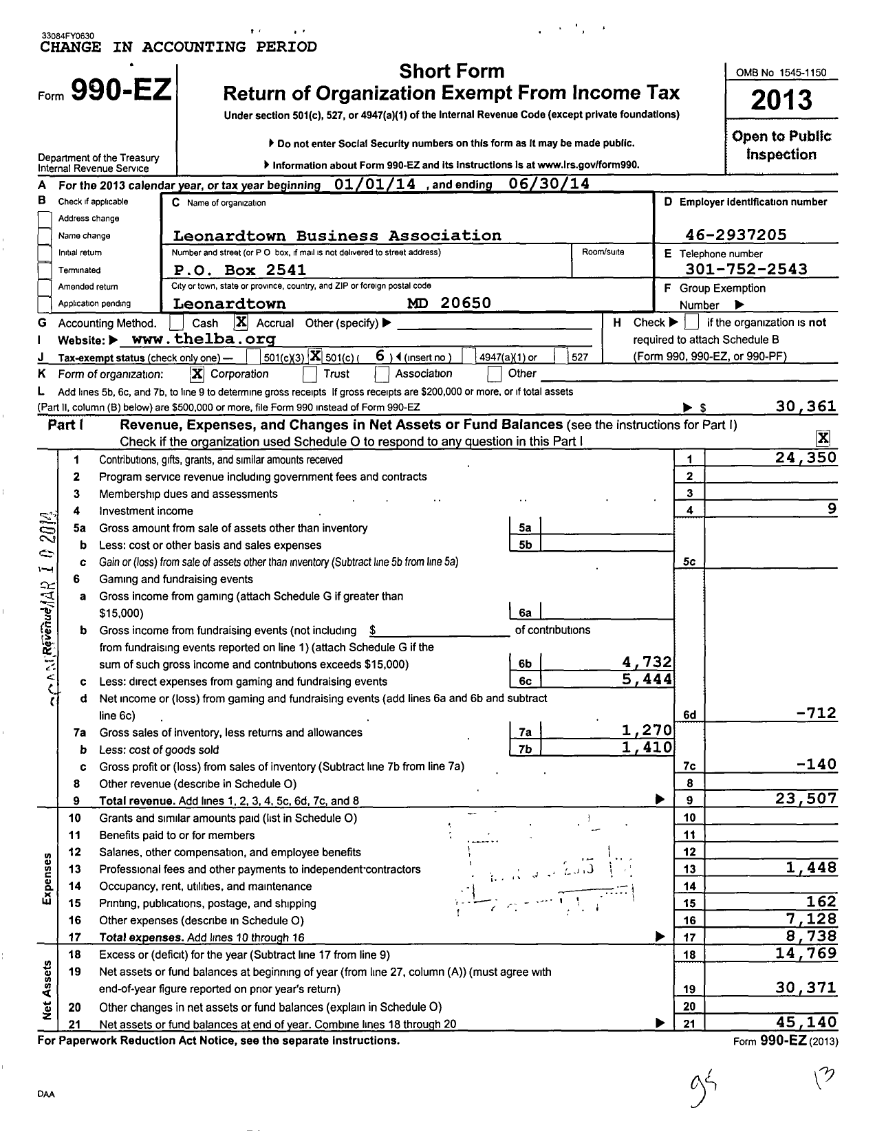 Image of first page of 2013 Form 990EO for Leonardtown Business Association