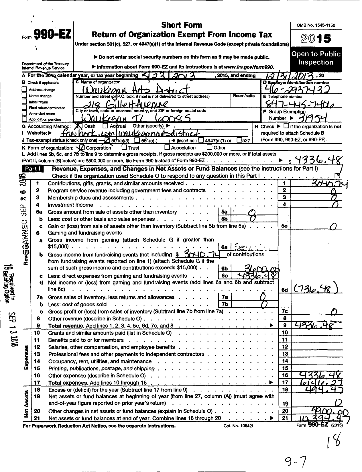 Image of first page of 2013 Form 990EZ for Waukegan Arts District