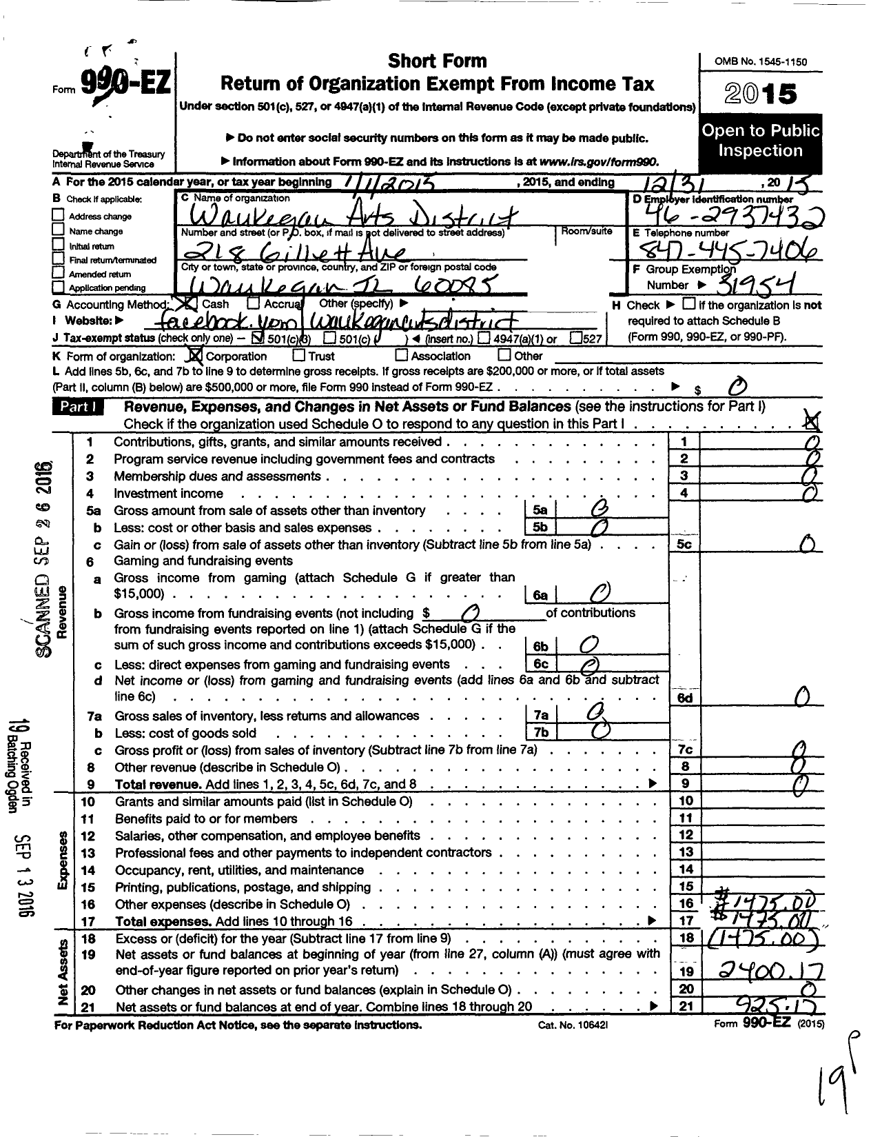 Image of first page of 2015 Form 990EZ for Waukegan Arts District