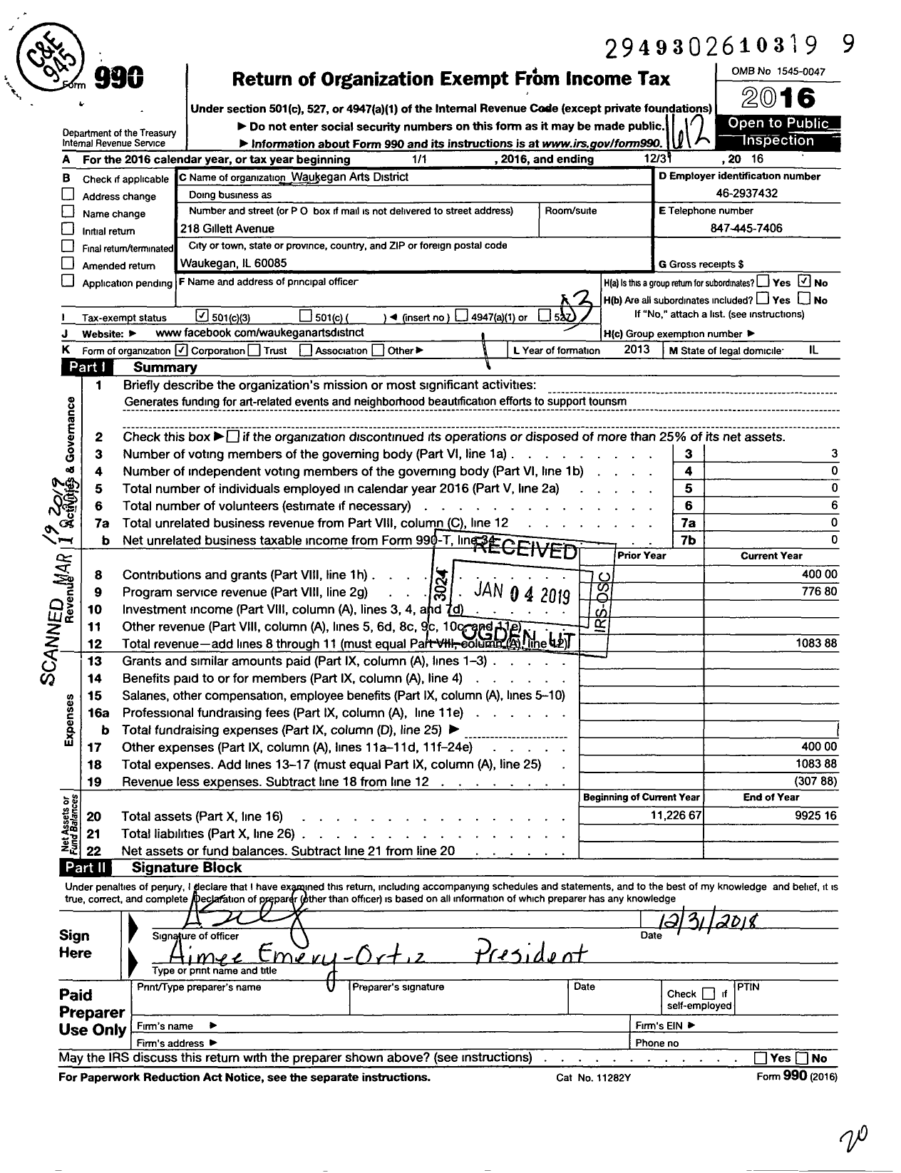 Image of first page of 2016 Form 990 for Waukegan Arts District