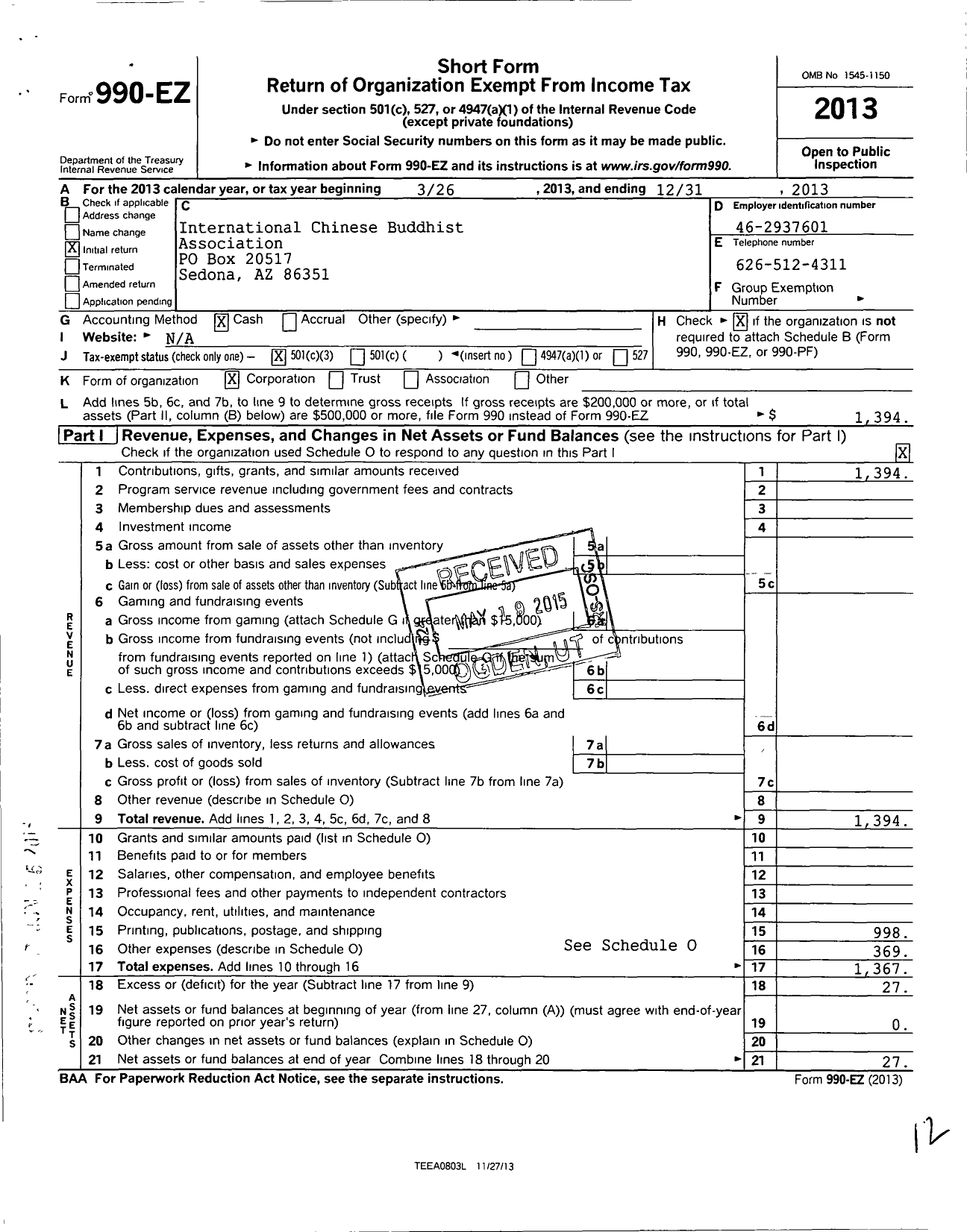 Image of first page of 2013 Form 990EZ for International Chinese Buddhist Association