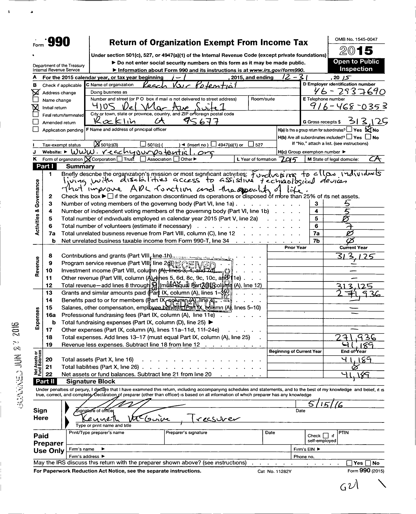 Image of first page of 2015 Form 990 for Reach Your Potential