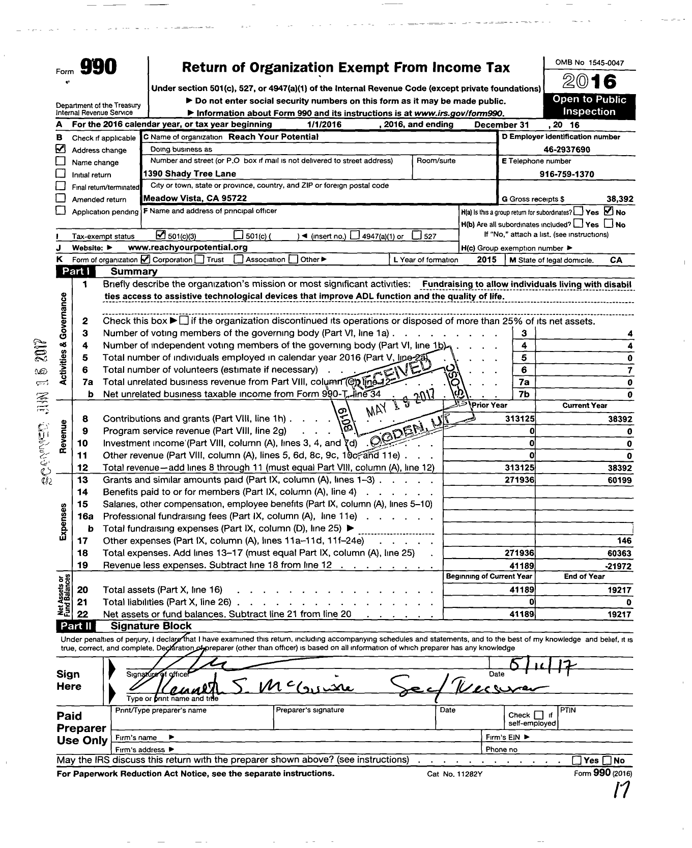 Image of first page of 2016 Form 990 for Reach Your Potential