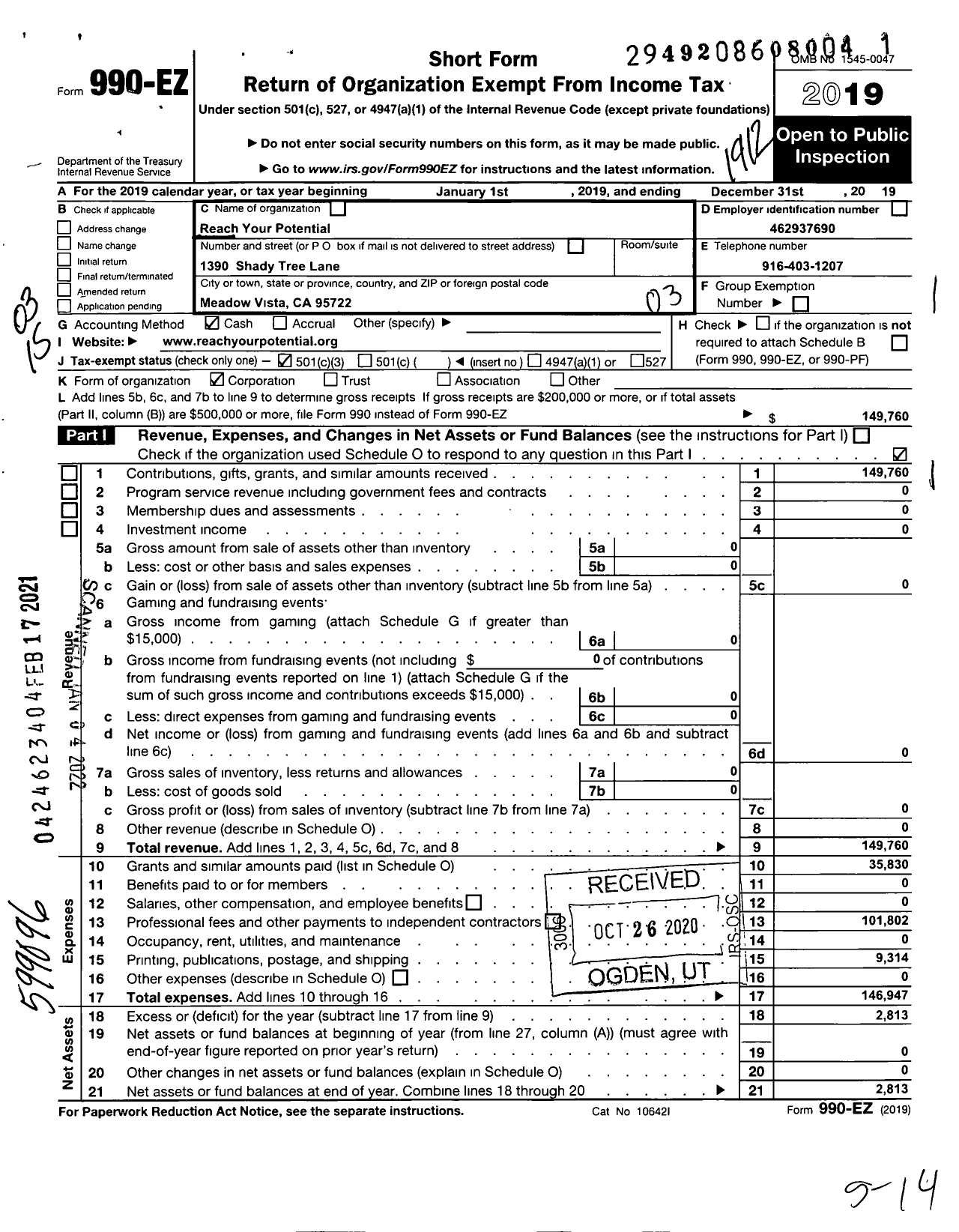 Image of first page of 2019 Form 990EZ for Reach Your Potential