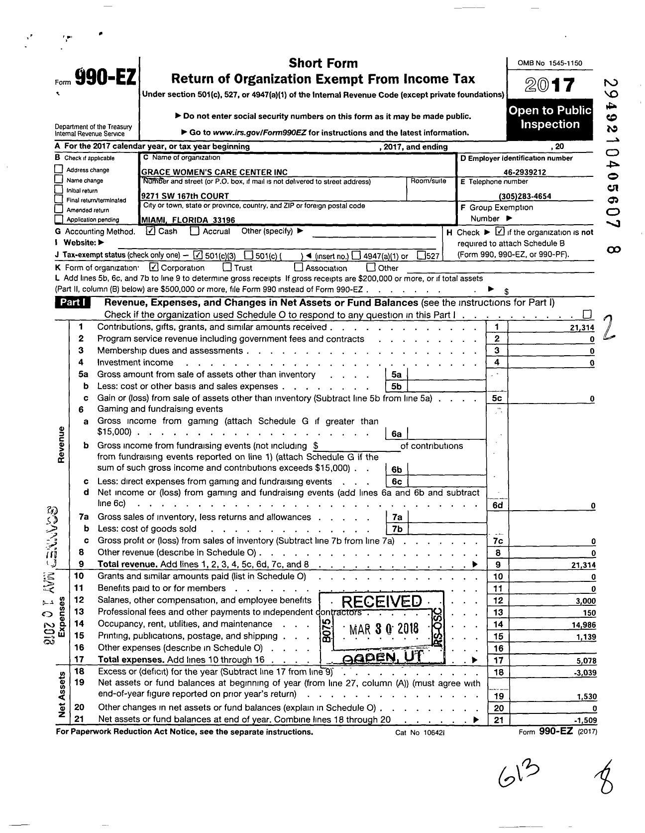 Image of first page of 2017 Form 990EZ for Grace Womens Care Center