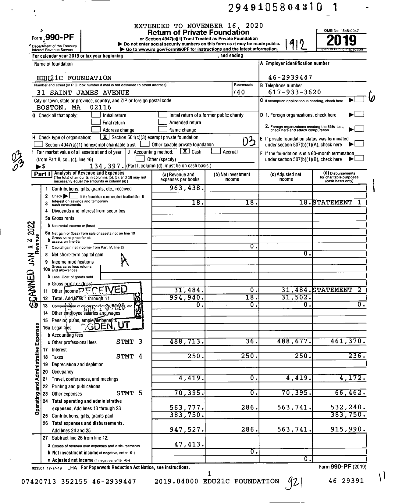 Image of first page of 2019 Form 990PF for Edu21c Foundation