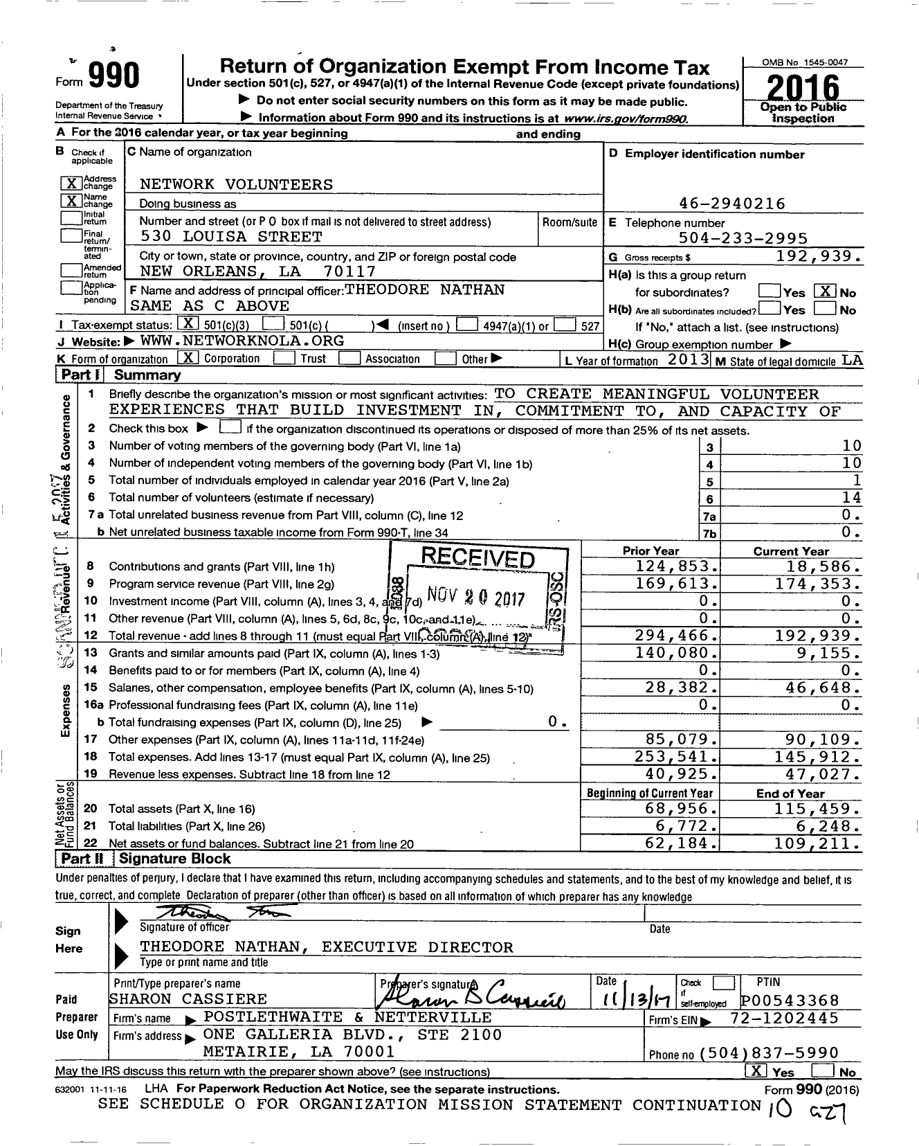 Image of first page of 2016 Form 990 for Network Volunteers