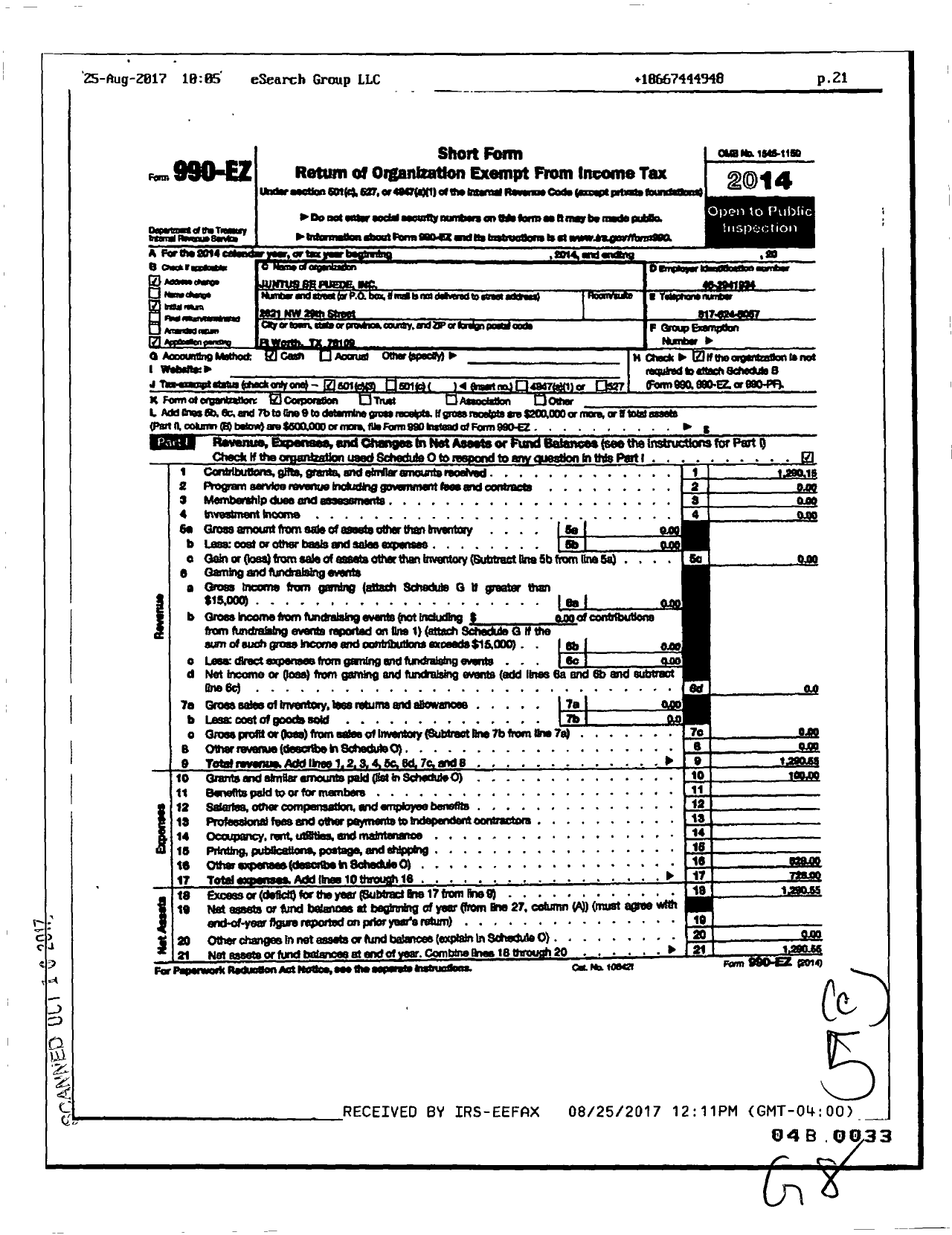 Image of first page of 2014 Form 990EZ for Juntos Se Puede