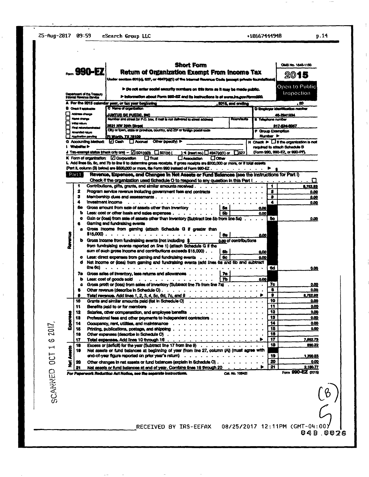 Image of first page of 2015 Form 990EZ for Juntos Se Puede