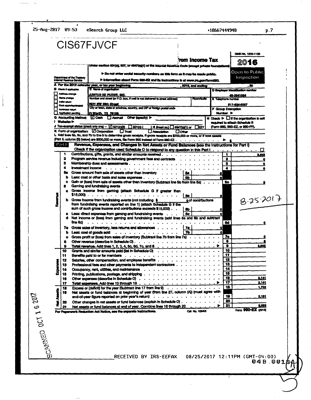 Image of first page of 2016 Form 990EZ for Juntos Se Puede