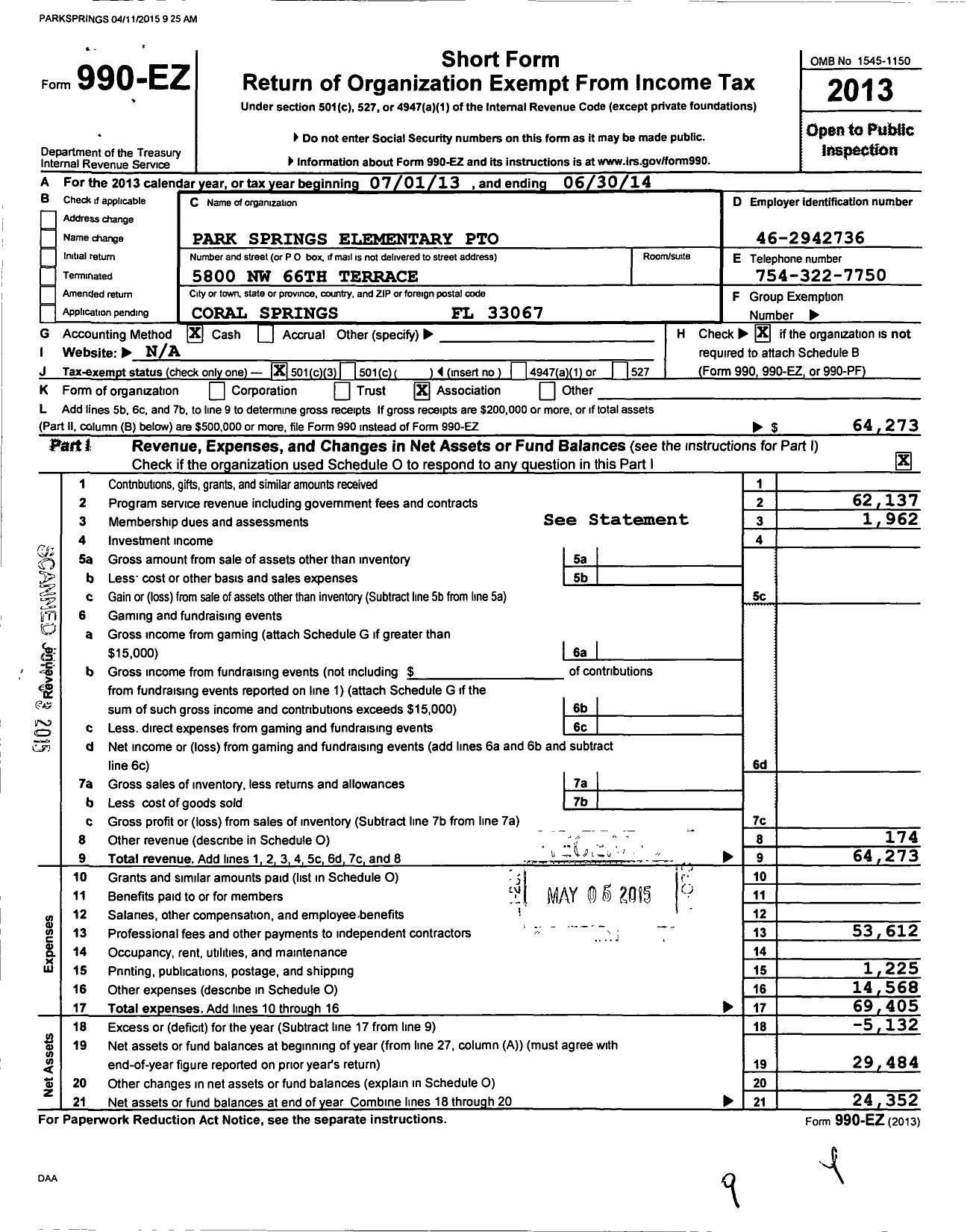 Image of first page of 2013 Form 990EZ for Pto Park Springs Elementary
