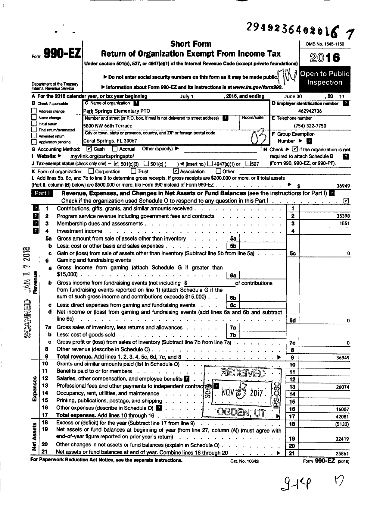 Image of first page of 2016 Form 990EZ for Pto Park Springs Elementary