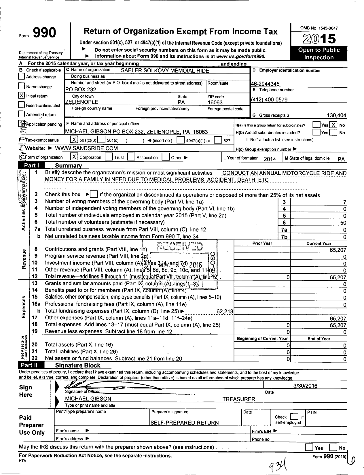 Image of first page of 2015 Form 990 for Saeler Solkovy Memoial Ride