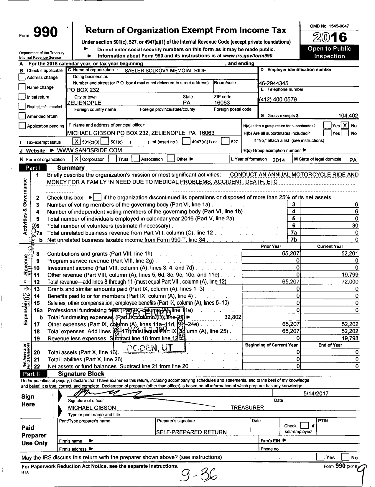 Image of first page of 2016 Form 990 for Saeler Solkovy Memoial Ride