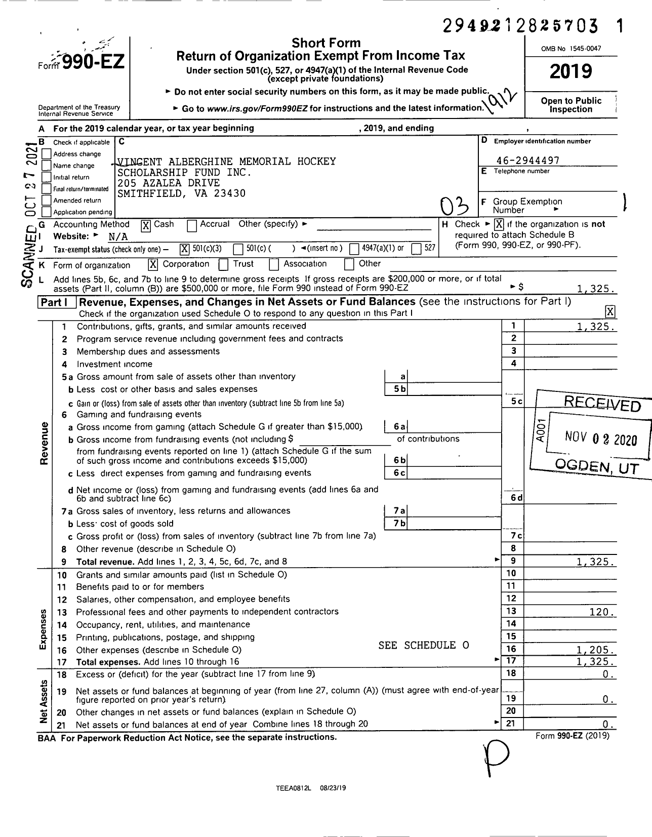 Image of first page of 2019 Form 990EZ for Vincent Alberghine Memorial Hockey Scholarship Fund