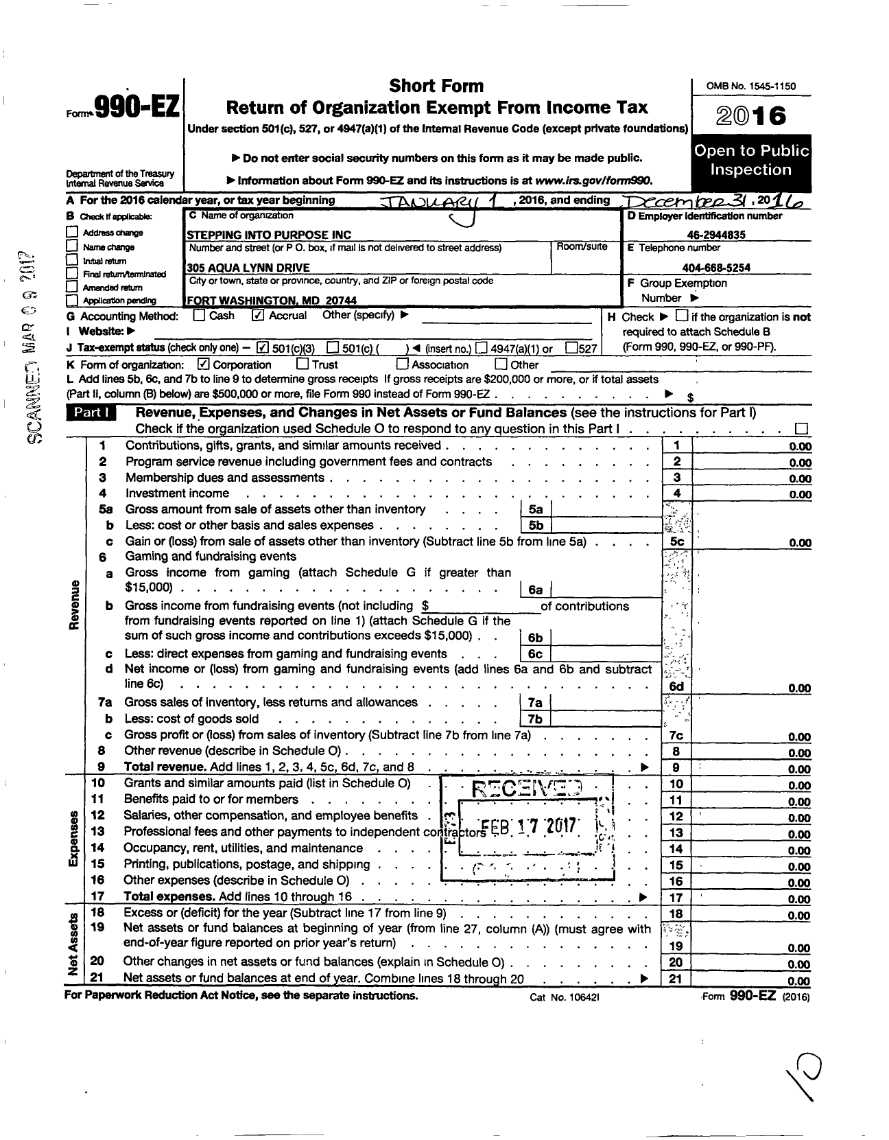 Image of first page of 2016 Form 990EZ for Stepping Into Purpose