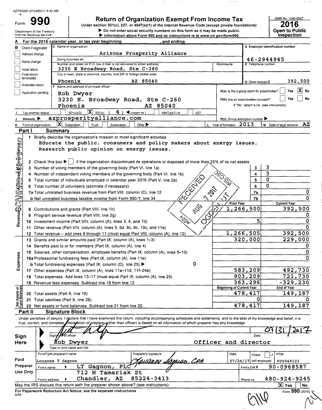 Image of first page of 2016 Form 990O for Arizona Prosperity Alliance