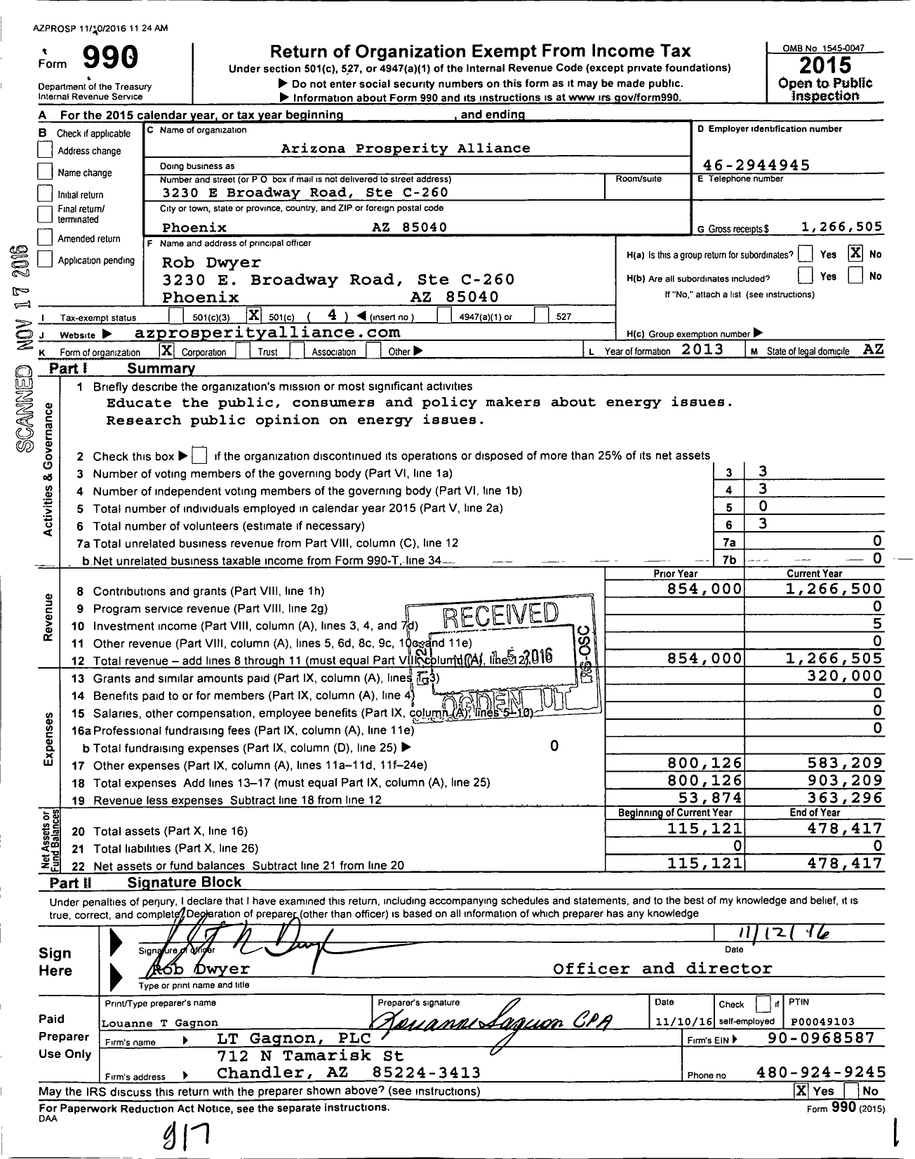 Image of first page of 2015 Form 990O for Arizona Prosperity Alliance