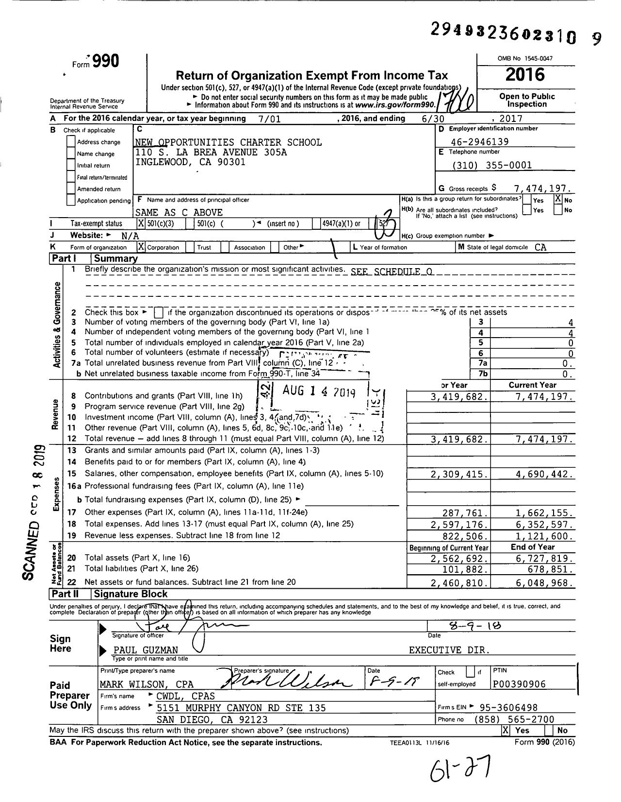 Image of first page of 2016 Form 990 for New Opportunities Charter School