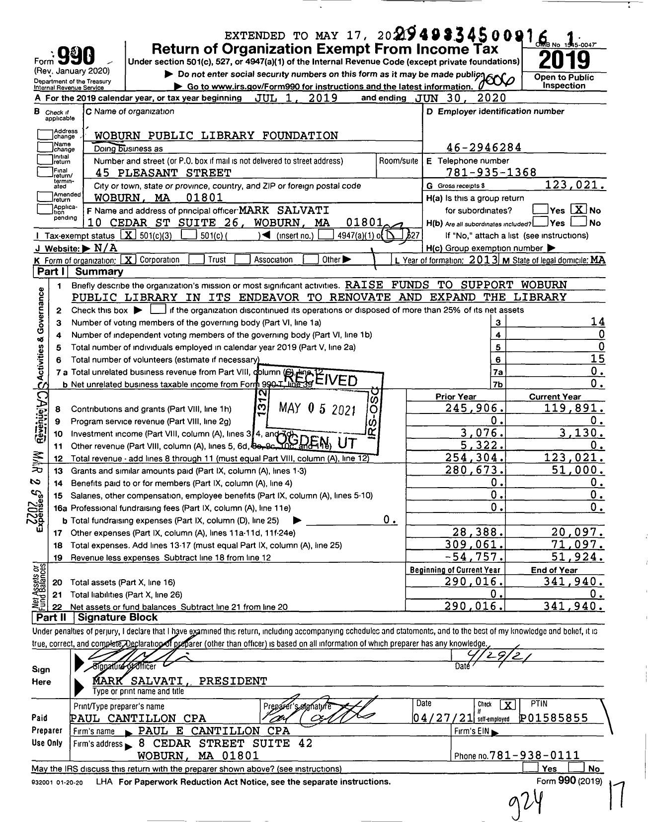 Image of first page of 2019 Form 990 for Woburn Public Library Foundation