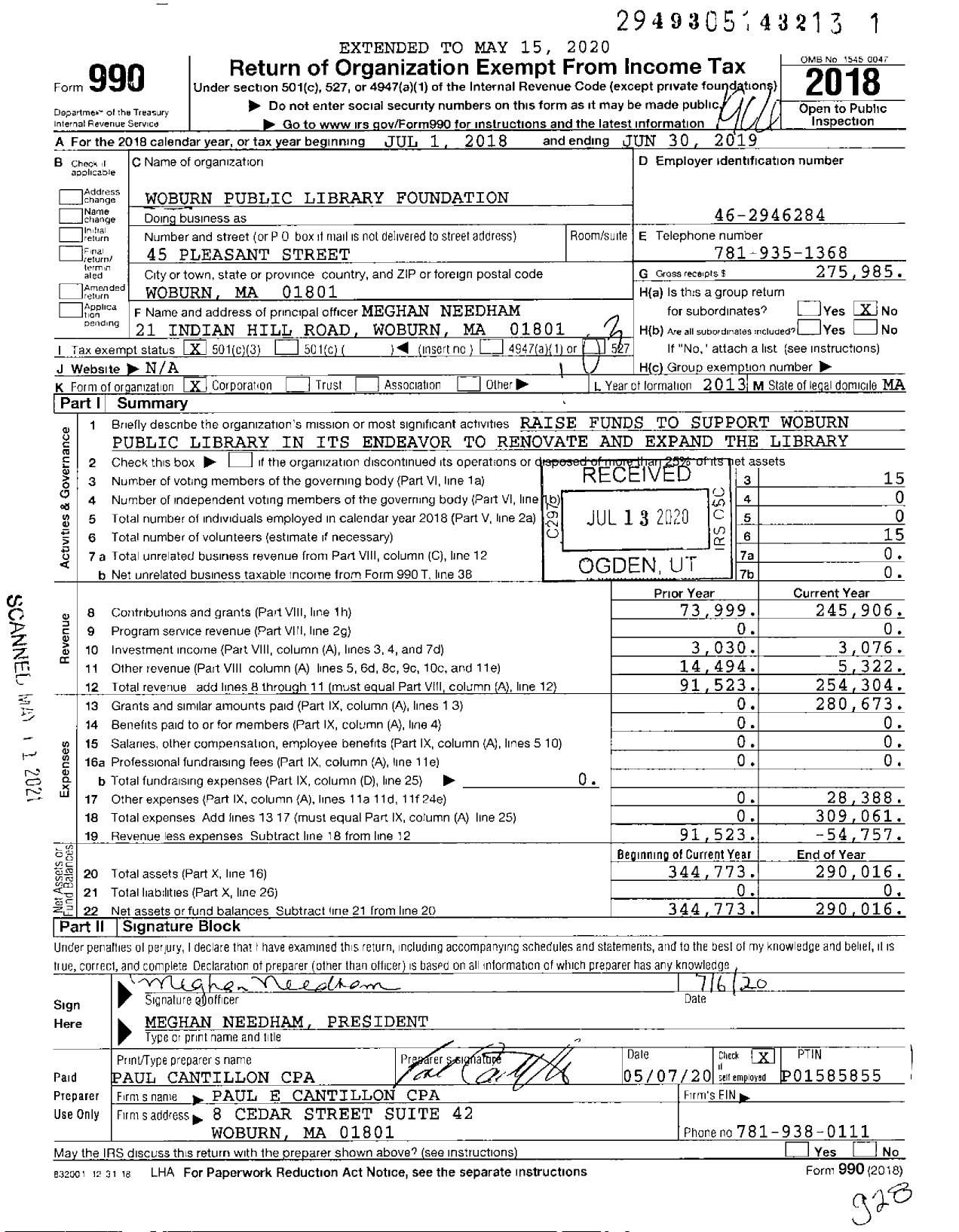 Image of first page of 2018 Form 990 for Woburn Public Library Foundation