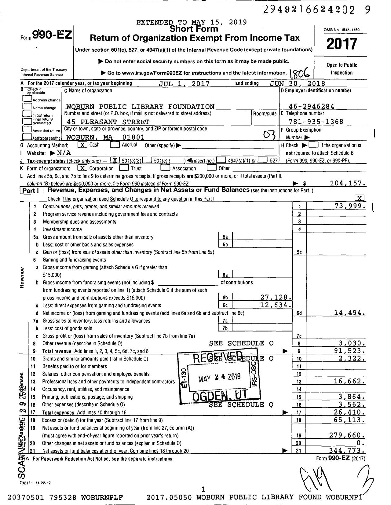 Image of first page of 2017 Form 990EZ for Woburn Public Library Foundation