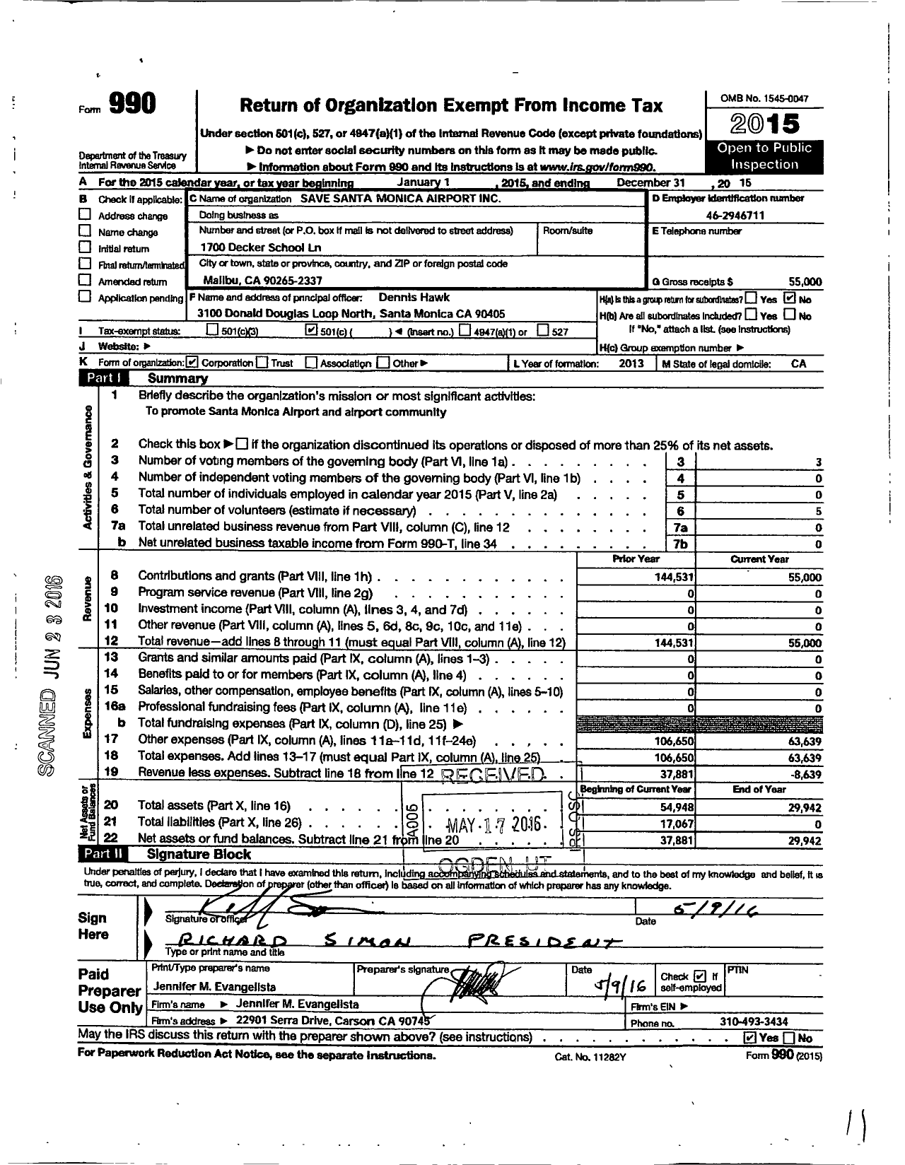 Image of first page of 2015 Form 990O for Save Santa Monica Airport