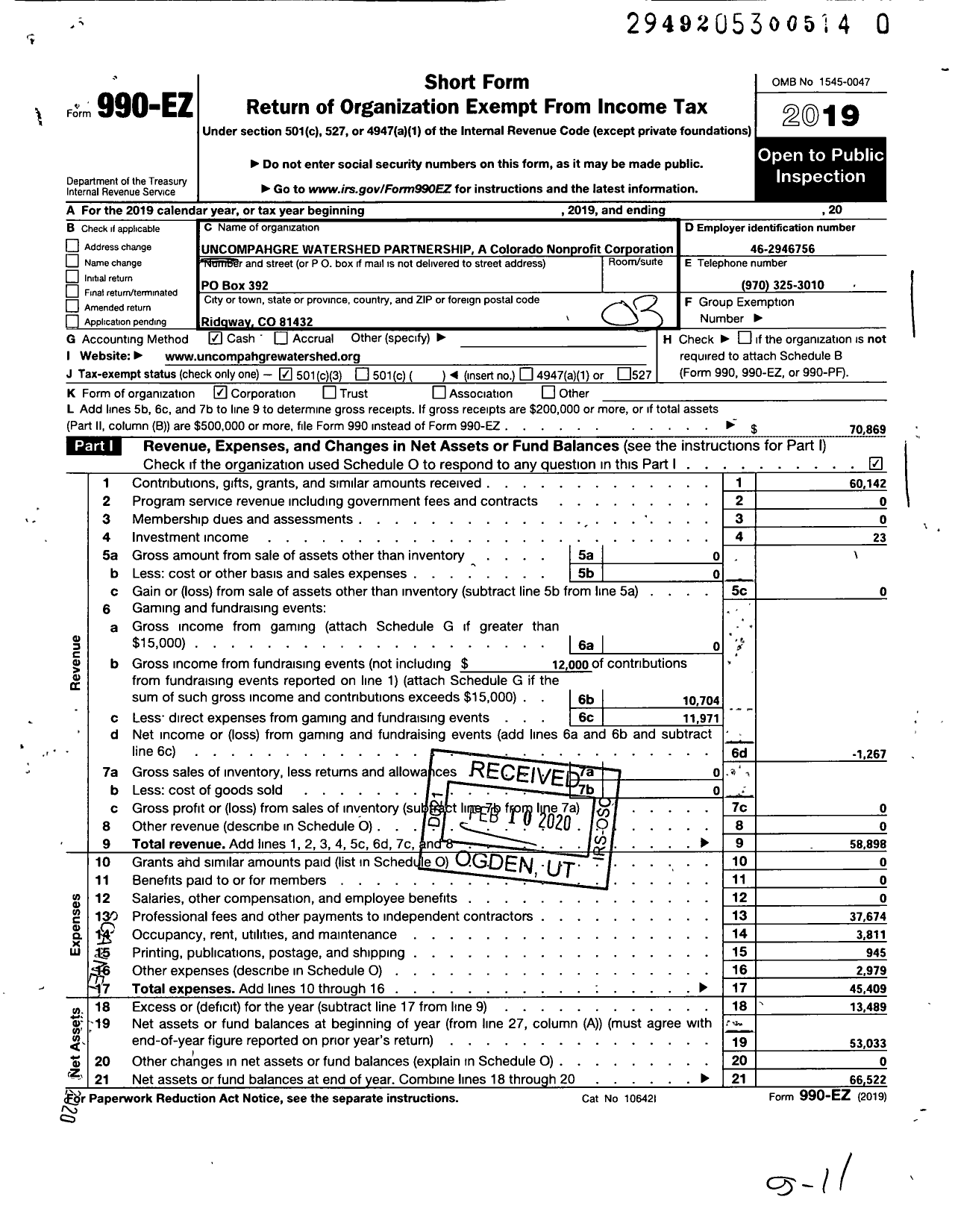 Image of first page of 2019 Form 990EZ for Uncompahgre Watershed Partnership A Colorado Nonprofit Corporation