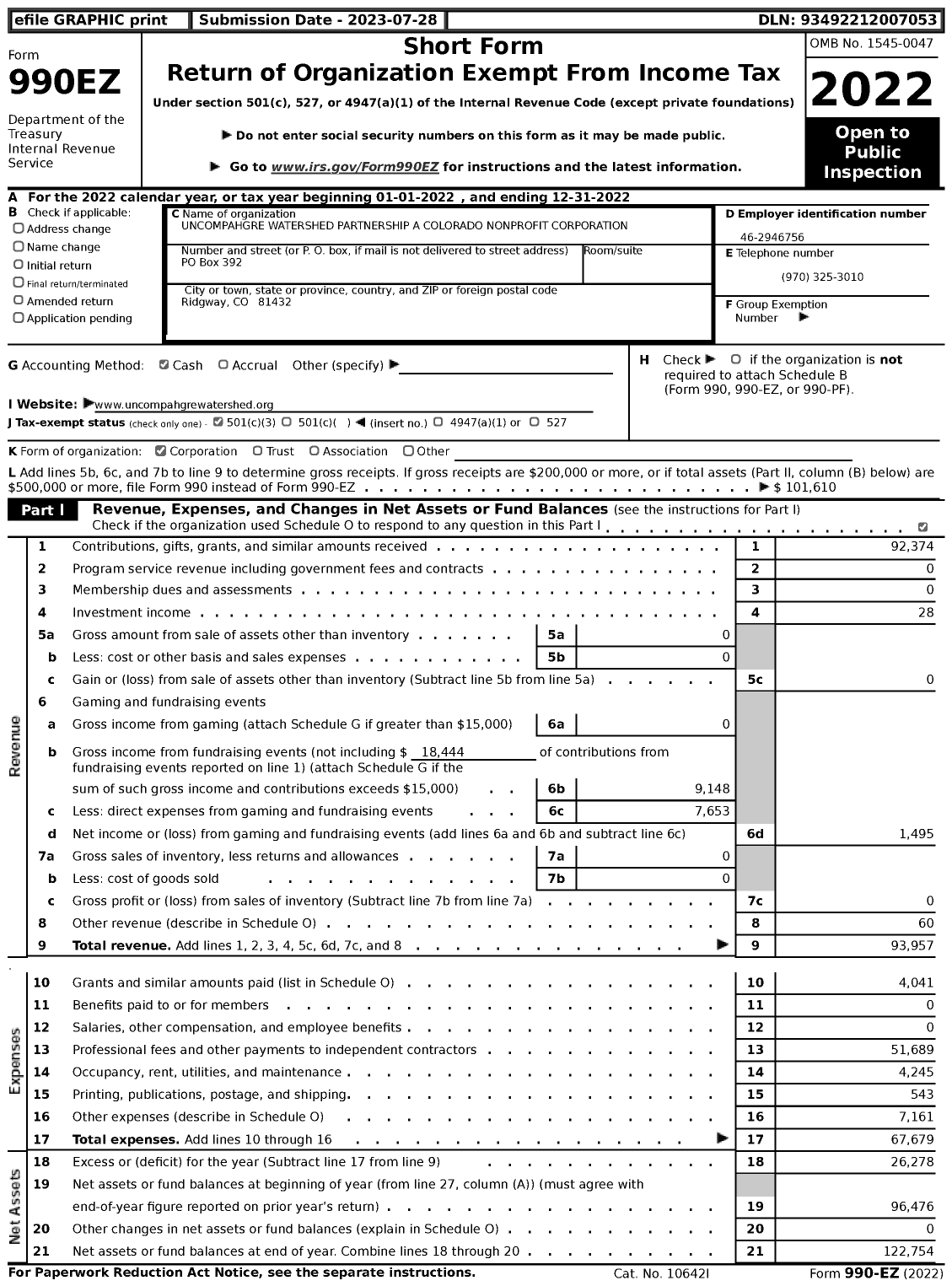 Image of first page of 2022 Form 990EZ for Uncompahgre Watershed Partnership A Colorado Nonprofit Corporation