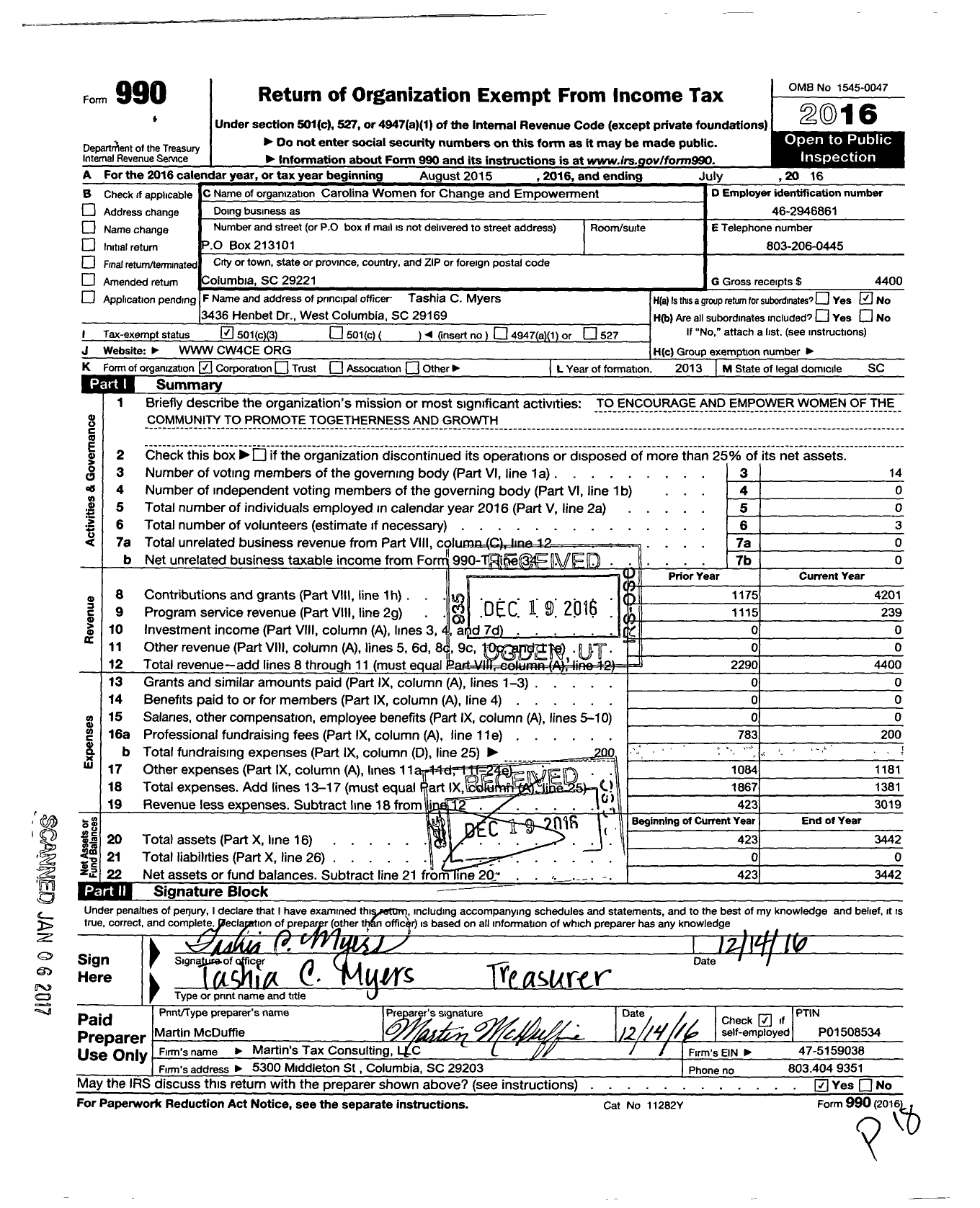 Image of first page of 2015 Form 990 for Carolina Women for Change and Empowerment