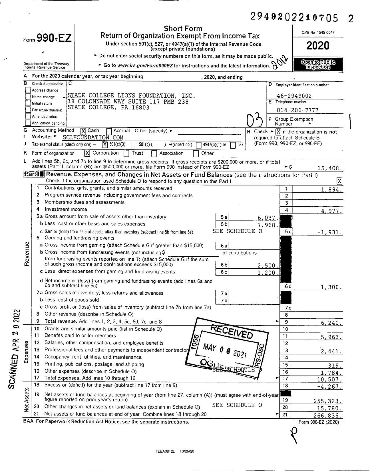 Image of first page of 2020 Form 990EZ for State College Lions Foundation