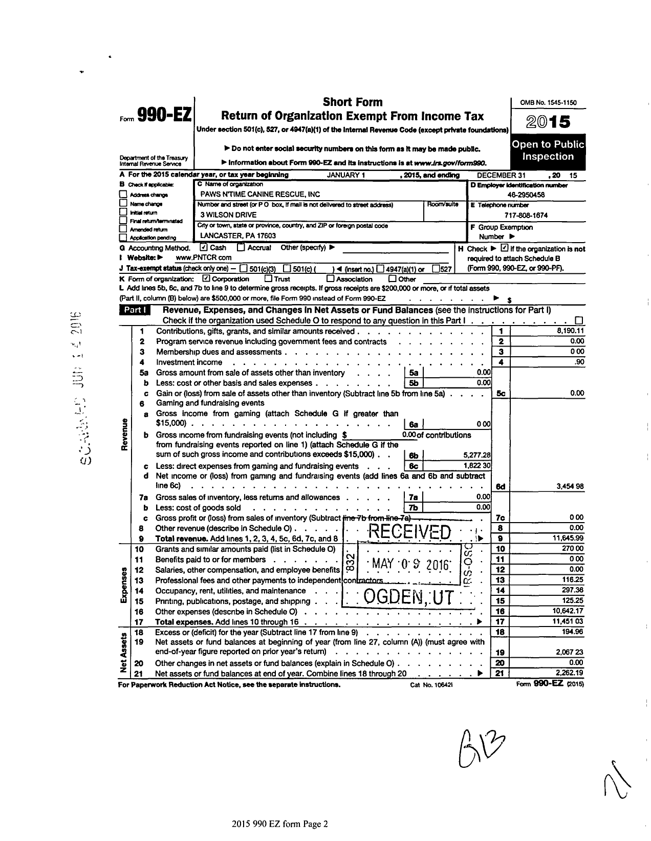 Image of first page of 2015 Form 990EO for Paws N Time Canine Rescue (PNTCR)