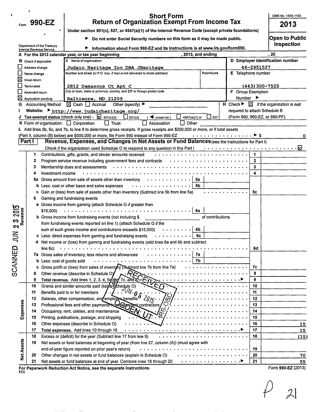 Image of first page of 2013 Form 990EZ for Judaic Heritage