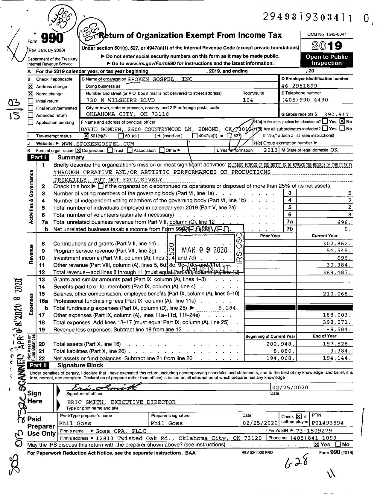 Image of first page of 2019 Form 990 for Spoken Gospel