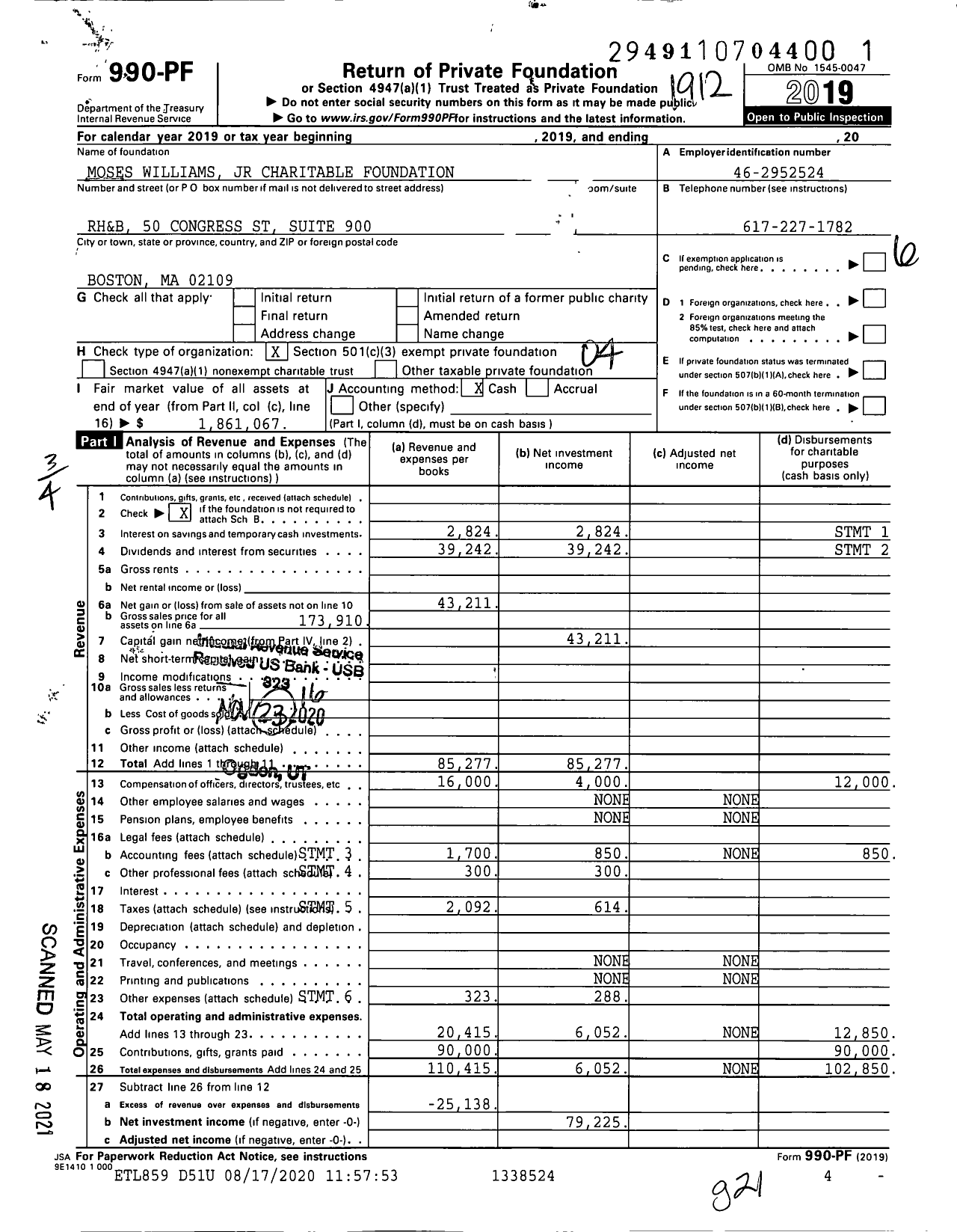 Image of first page of 2019 Form 990PF for Moses Williams JR Charitable Foundation