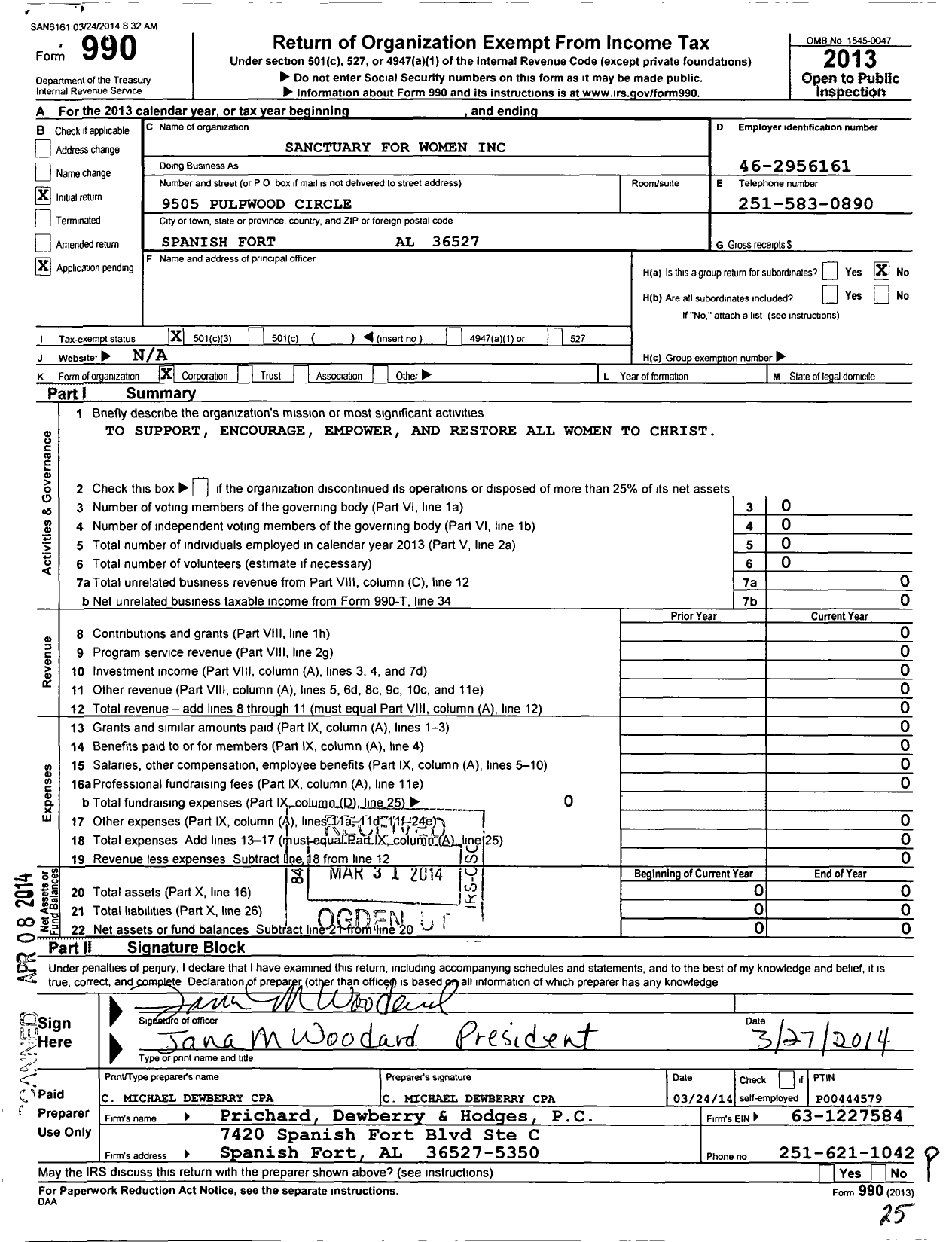 Image of first page of 2013 Form 990 for Sanctuary for Women