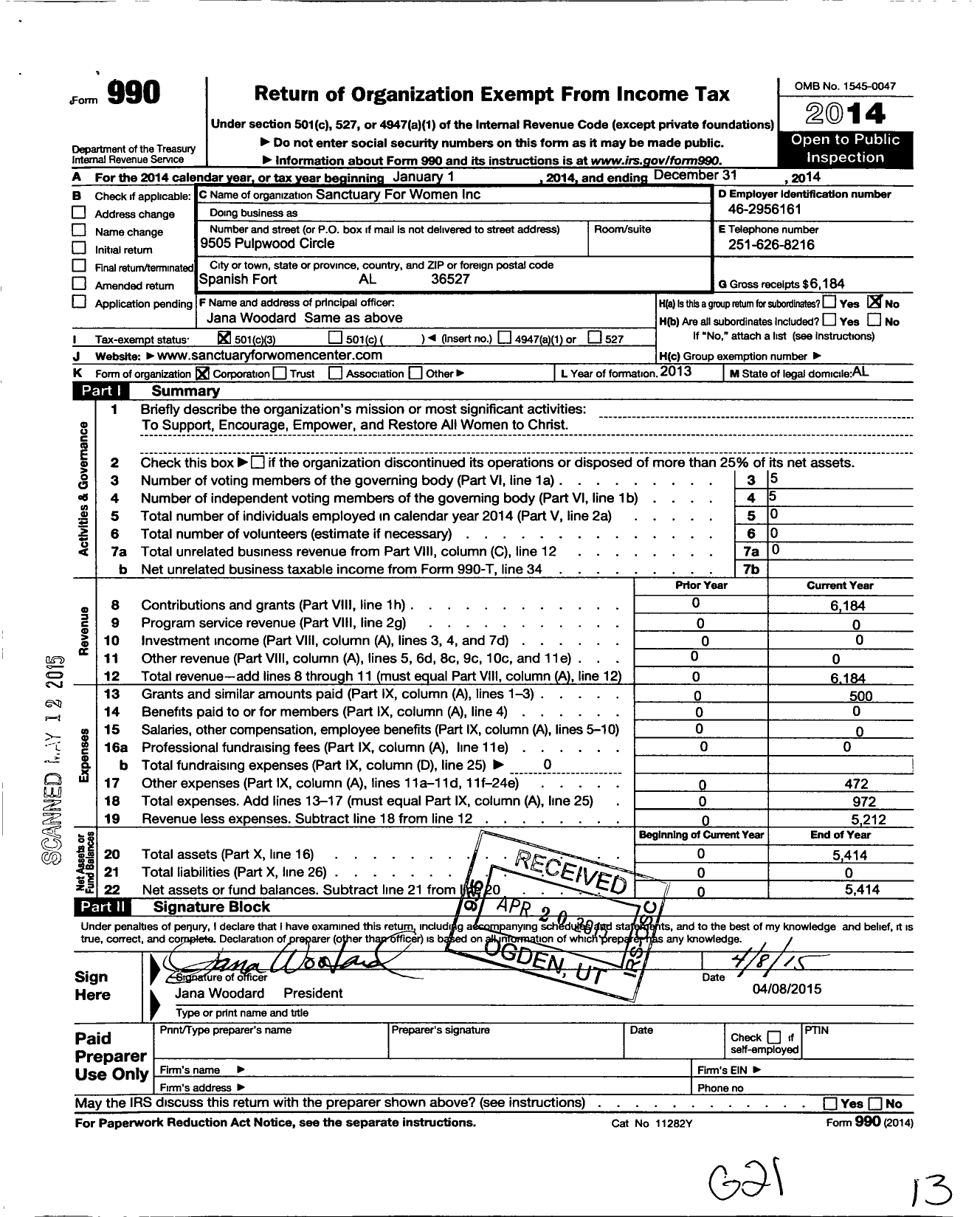 Image of first page of 2014 Form 990 for Sanctuary for Women