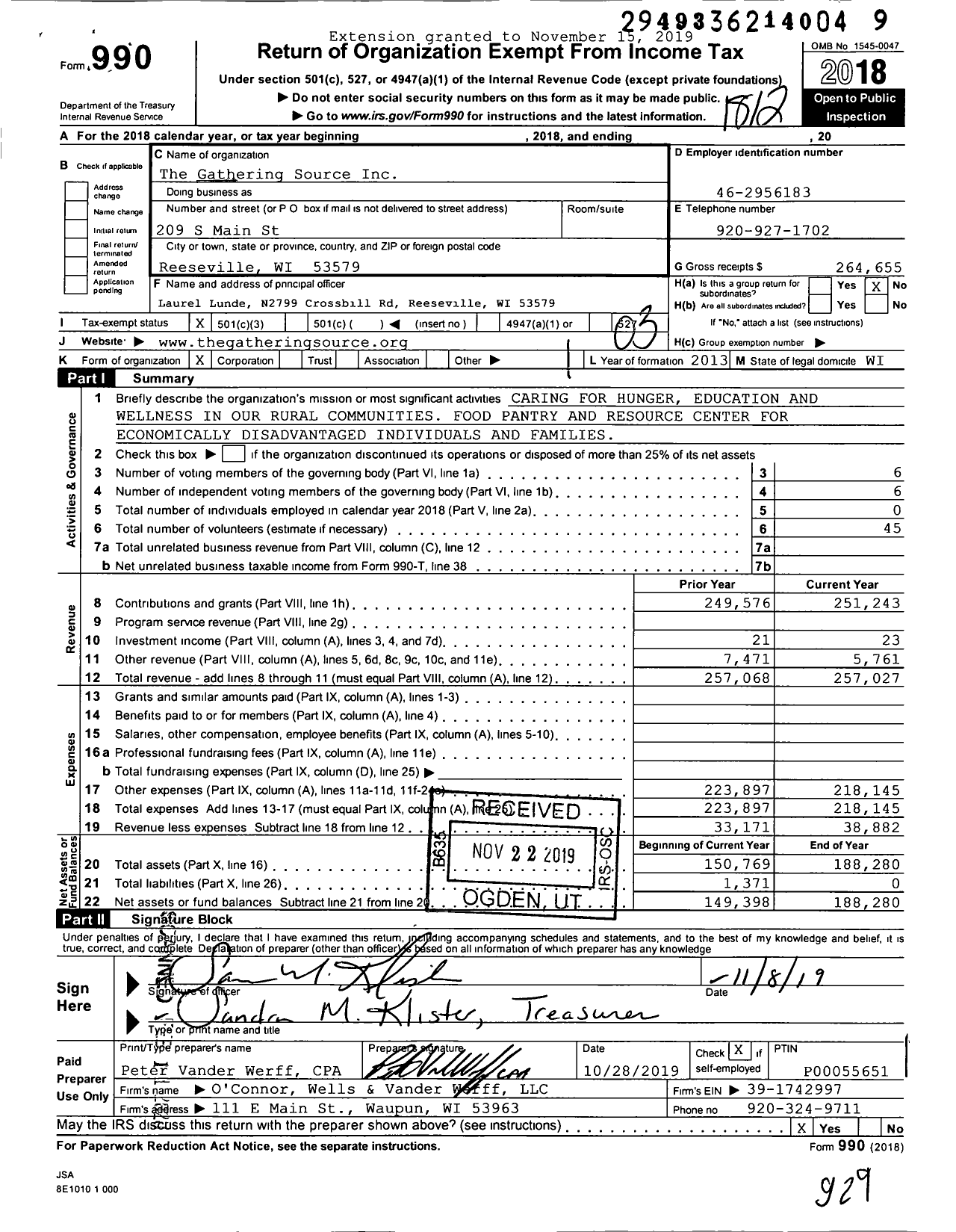 Image of first page of 2018 Form 990 for The Gathering Source