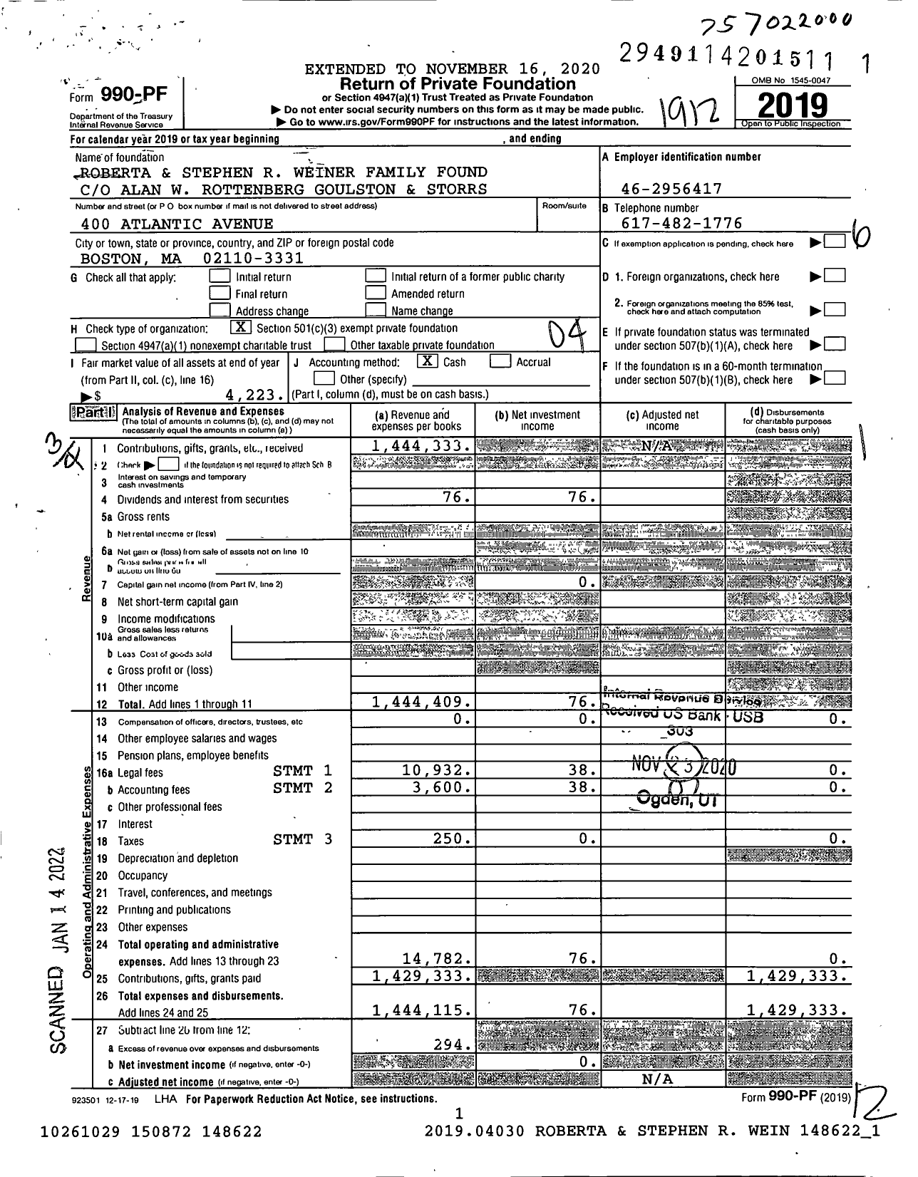 Image of first page of 2019 Form 990PF for Roberta and Stephen R. Weiner Family Foundation